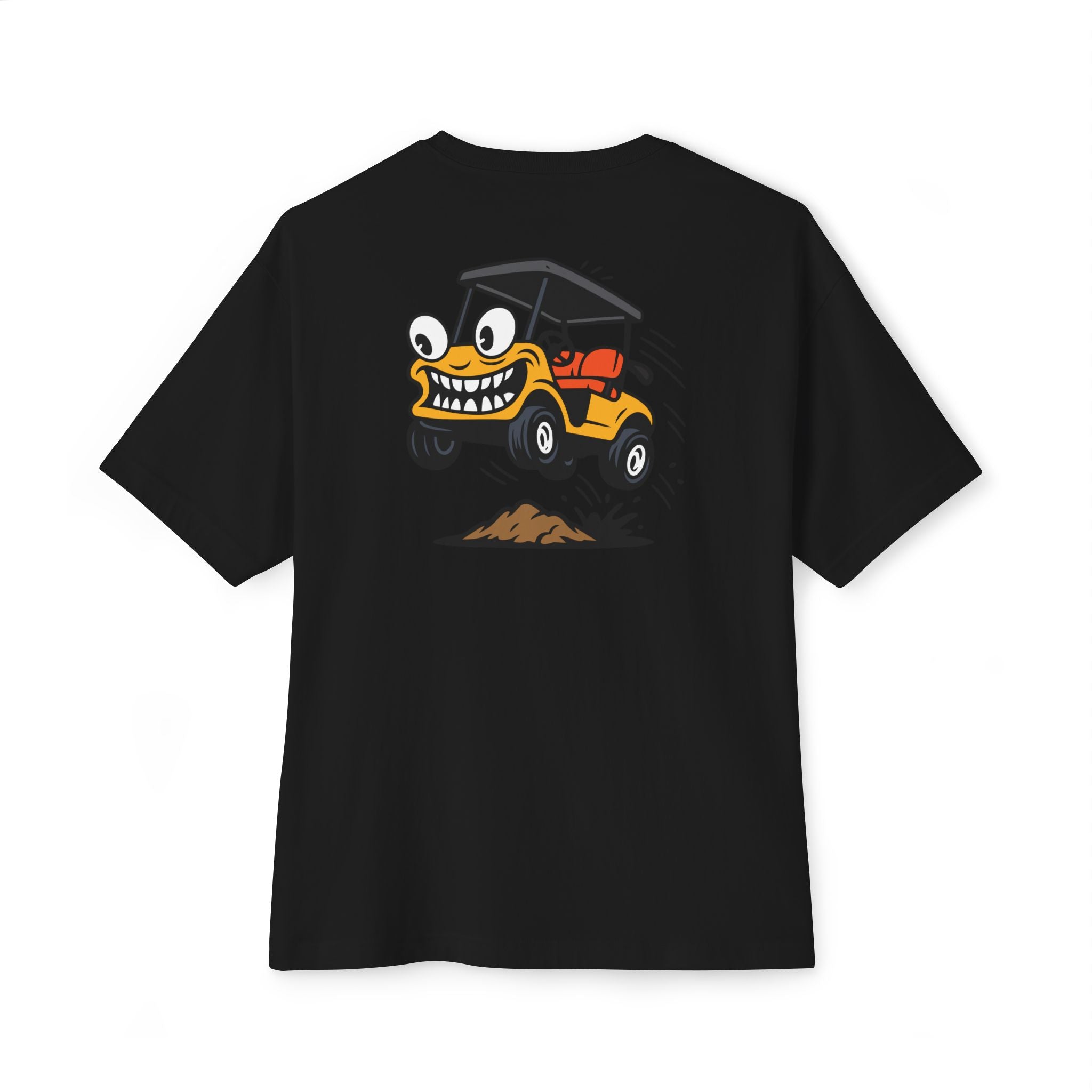 Black t-shirt with a cartoon golf cart design on the back against a white background