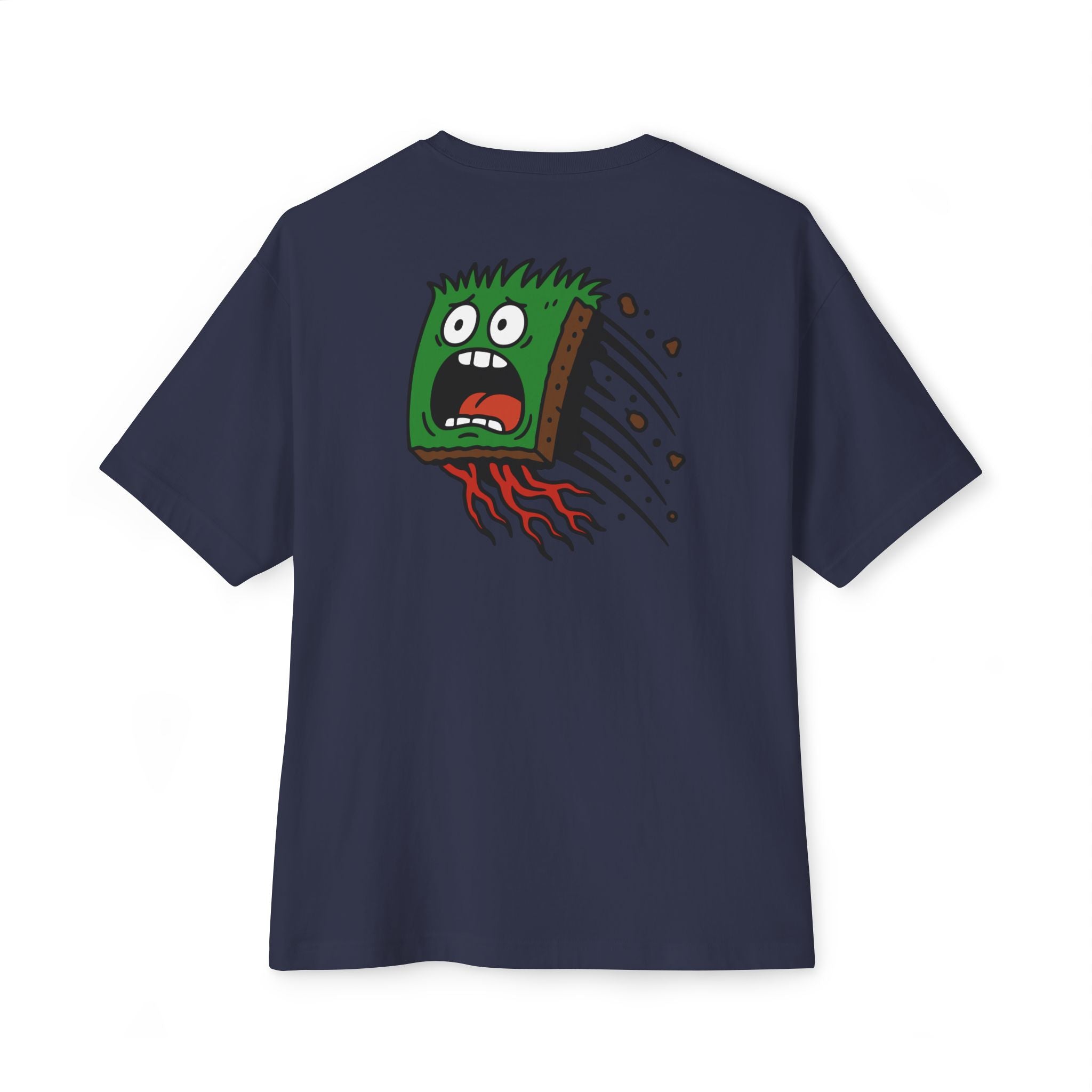 Navy blue t-shirt with a colorful graphic on the back against a white background