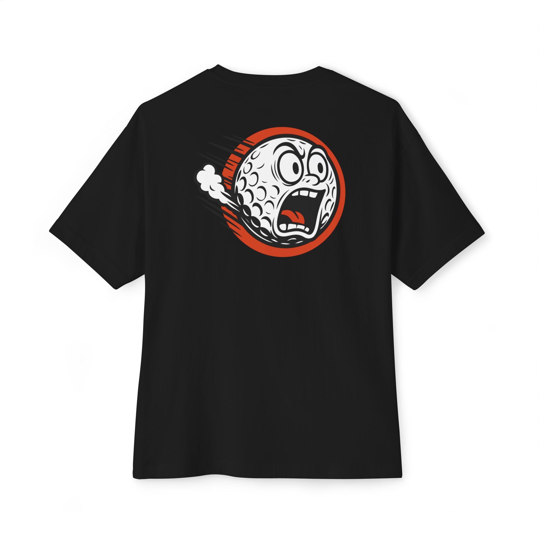 Black t-shirt with a graphic design on the back against a white background