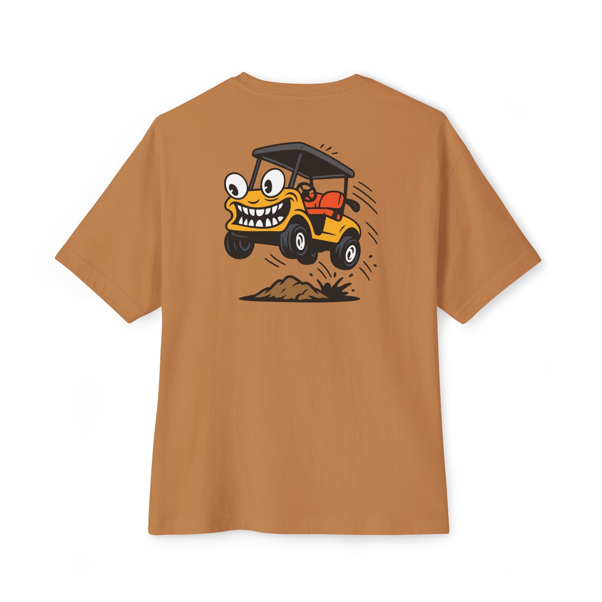 Brown t-shirt with a cartoon golf cart graphic on the back against a white background