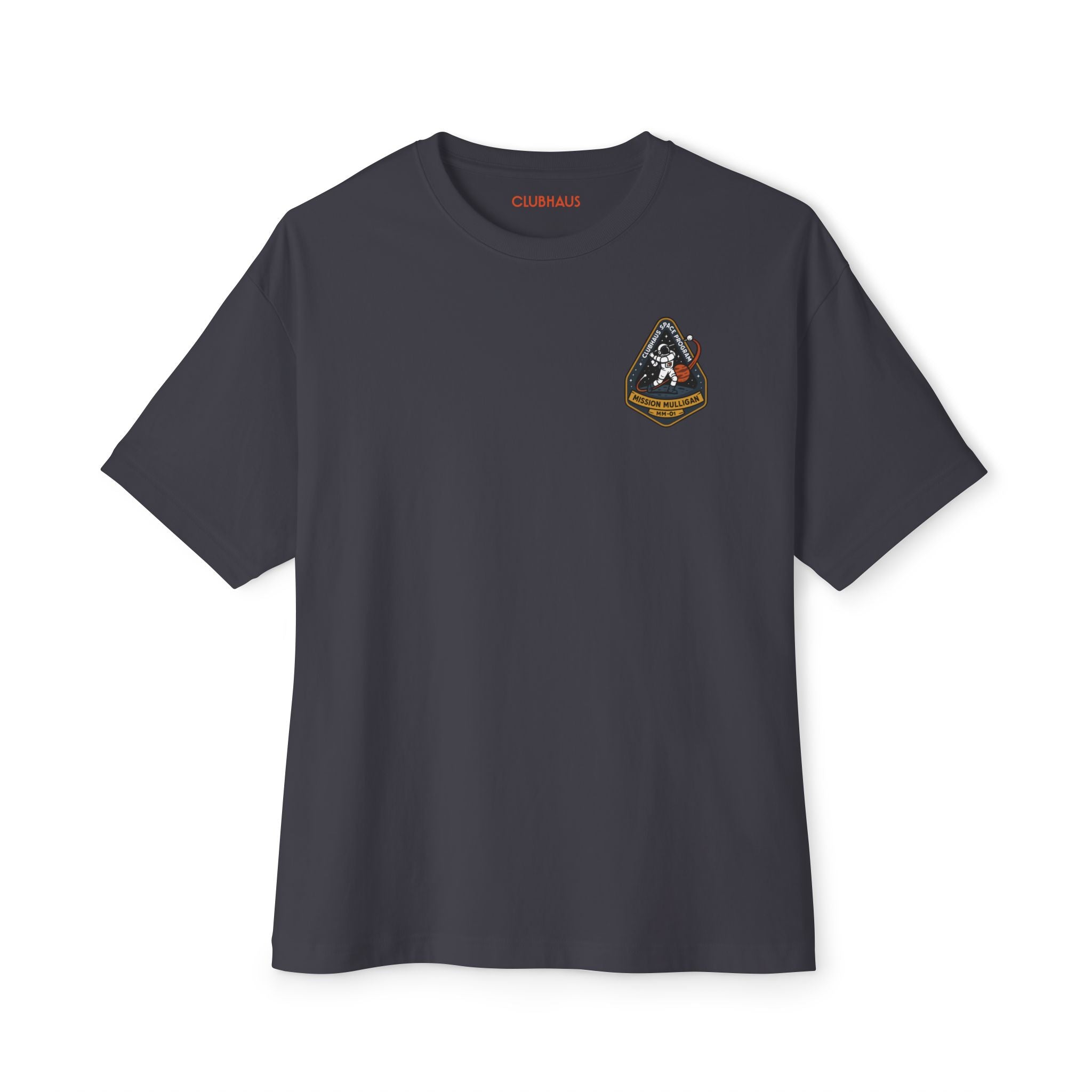 Dark gray t-shirt with a small logo on the chest against a white background