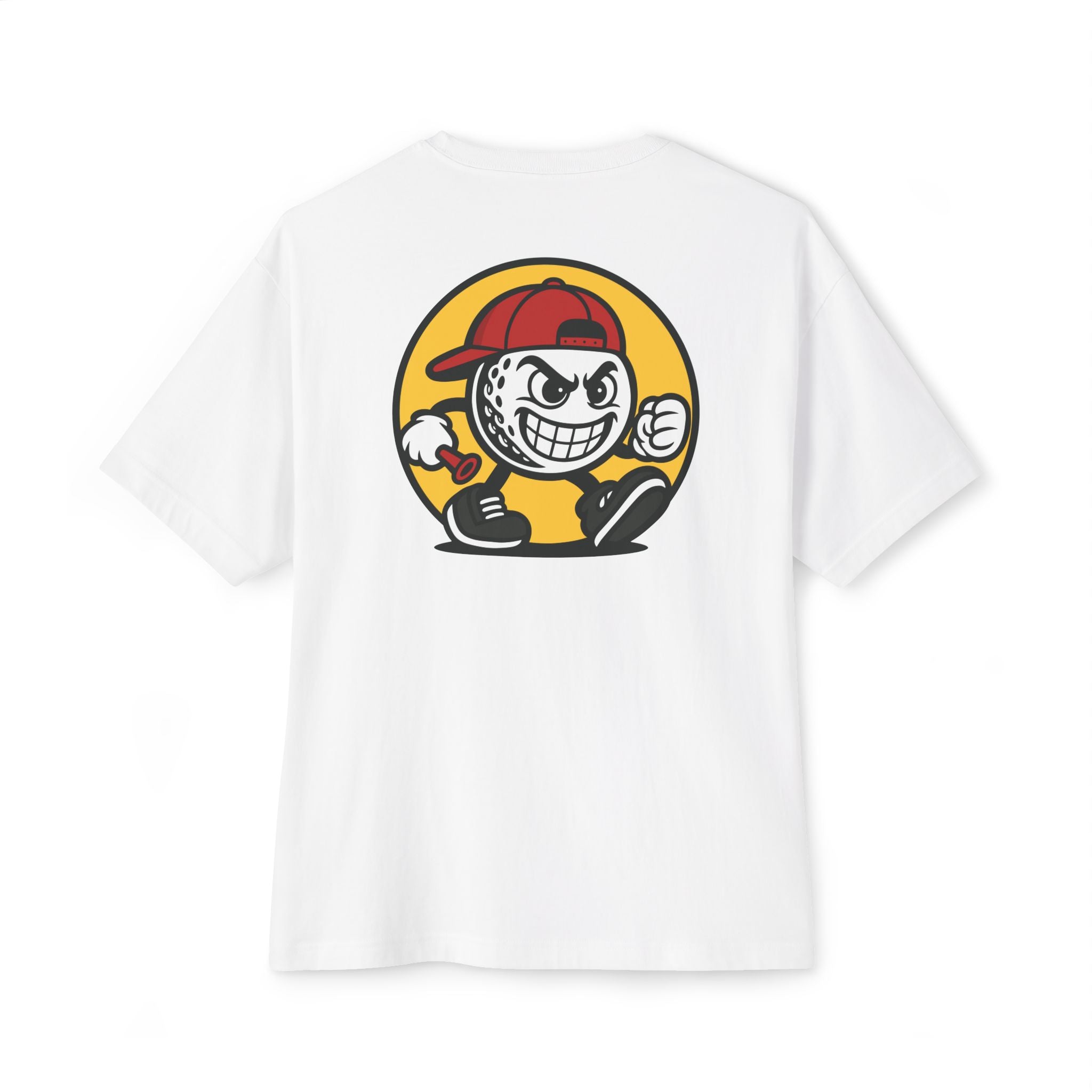 White t-shirt with a cartoon character graphic on a white background
