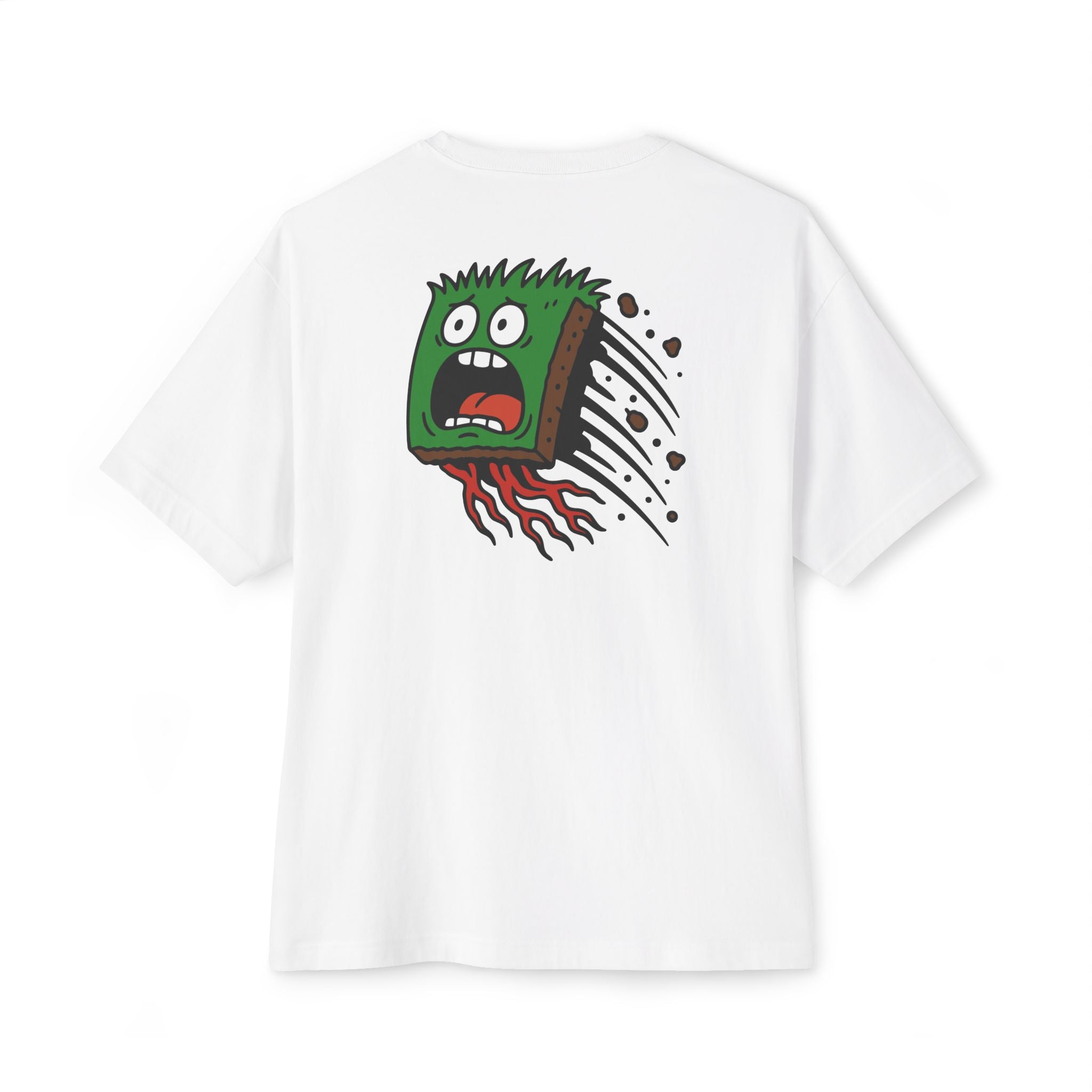 White t-shirt with a colorful graphic design on the back against a white background