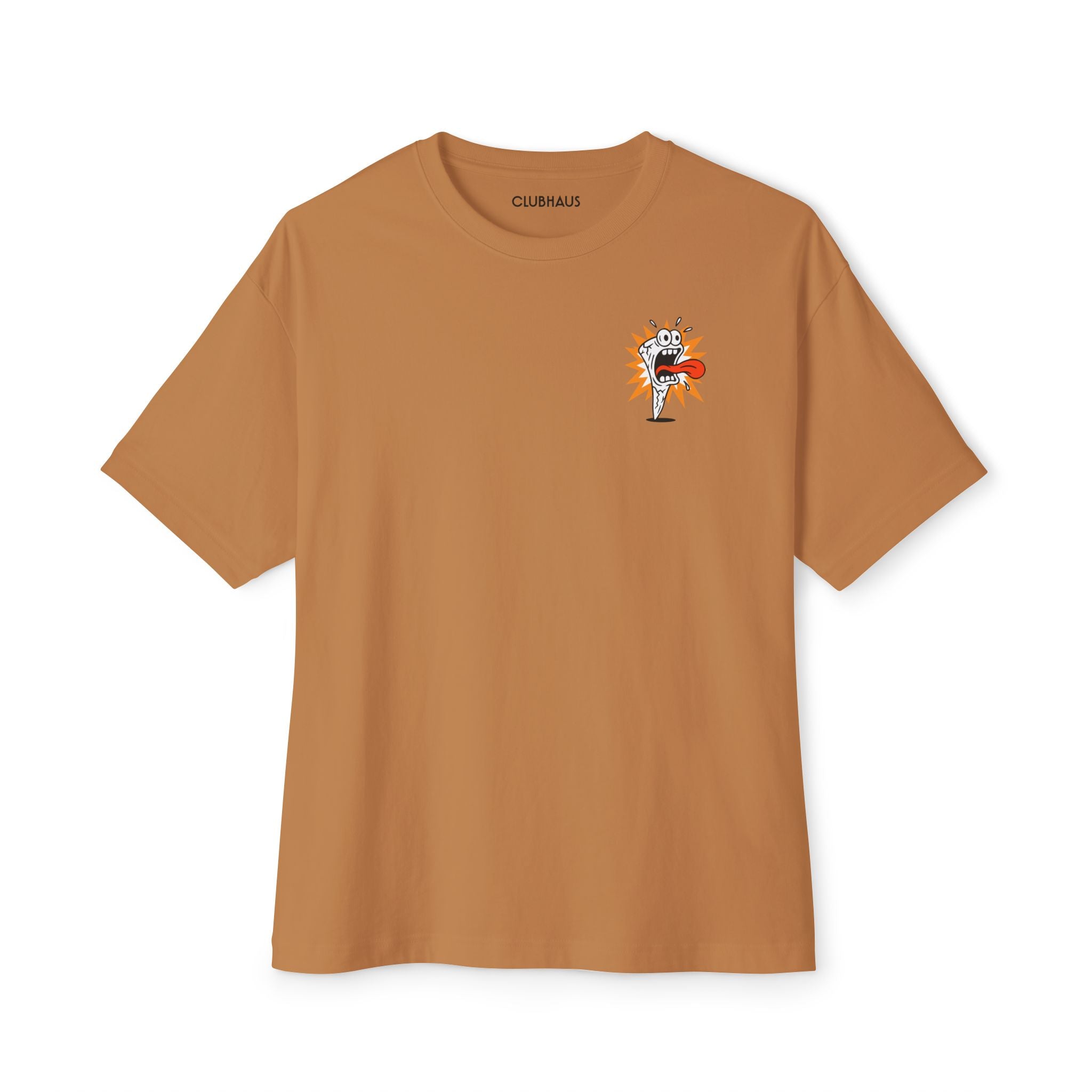 Brown t-shirt with a small graphic on the chest against a white background