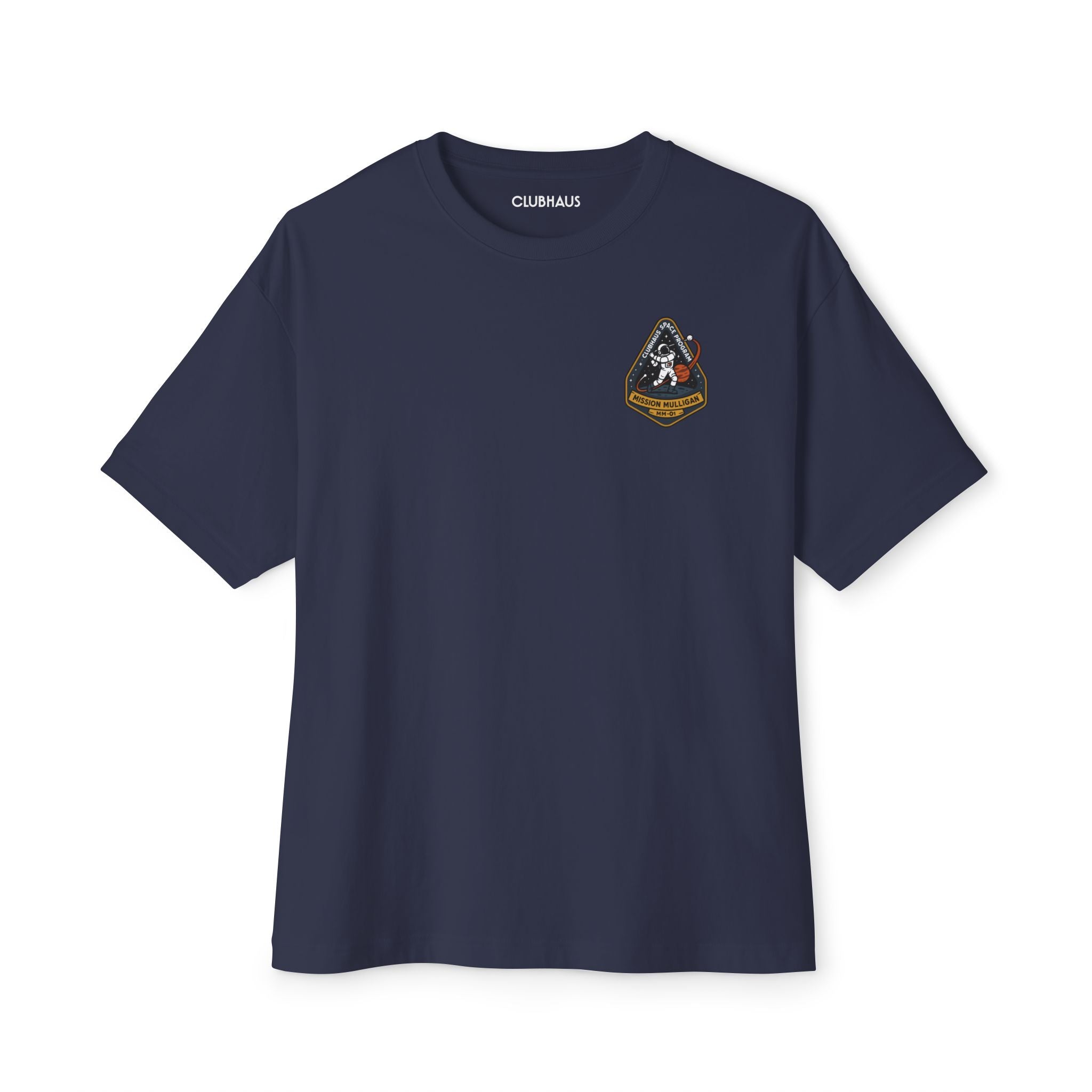 Navy blue t-shirt with a logo on the chest against a white background