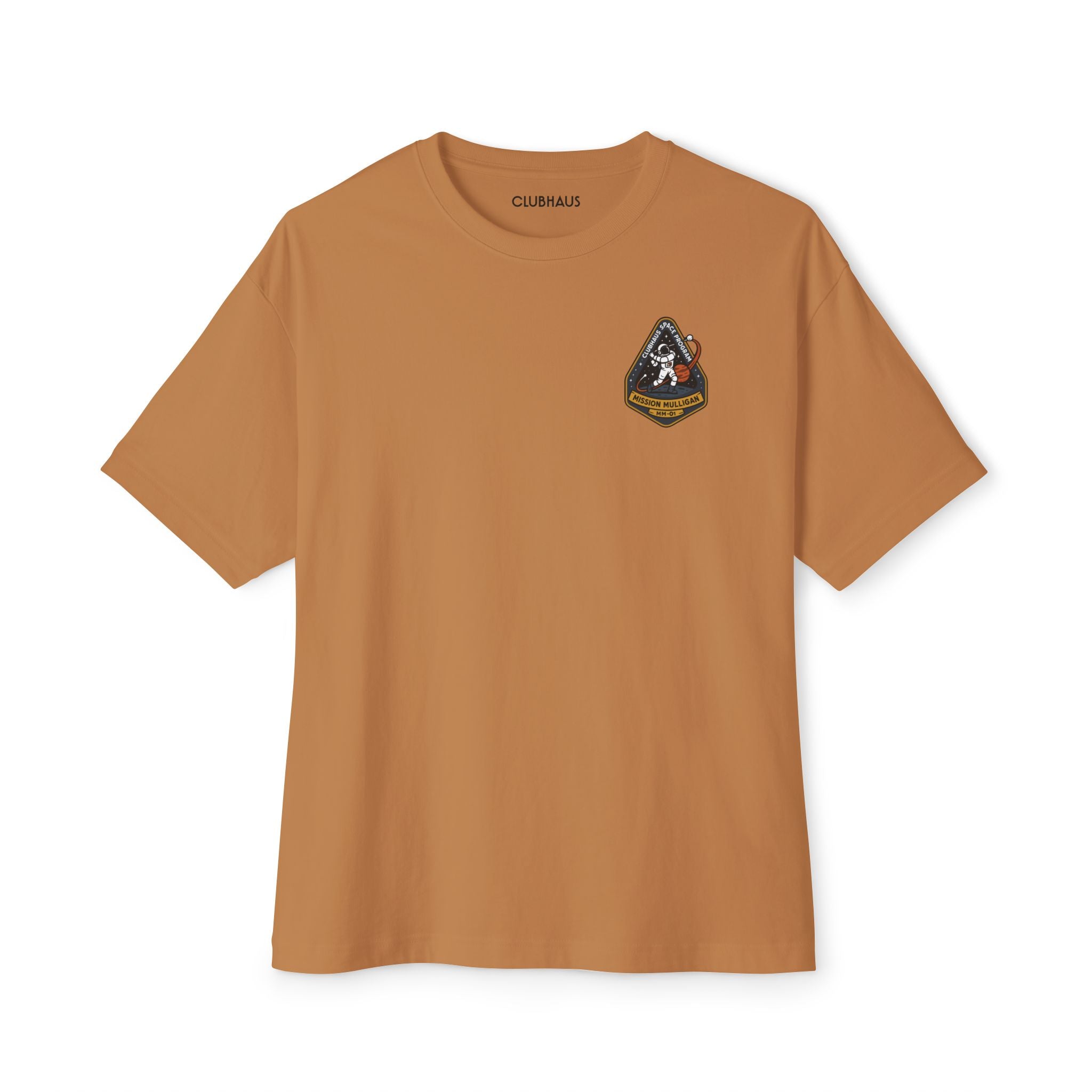 Brown t-shirt with a patch on a white background