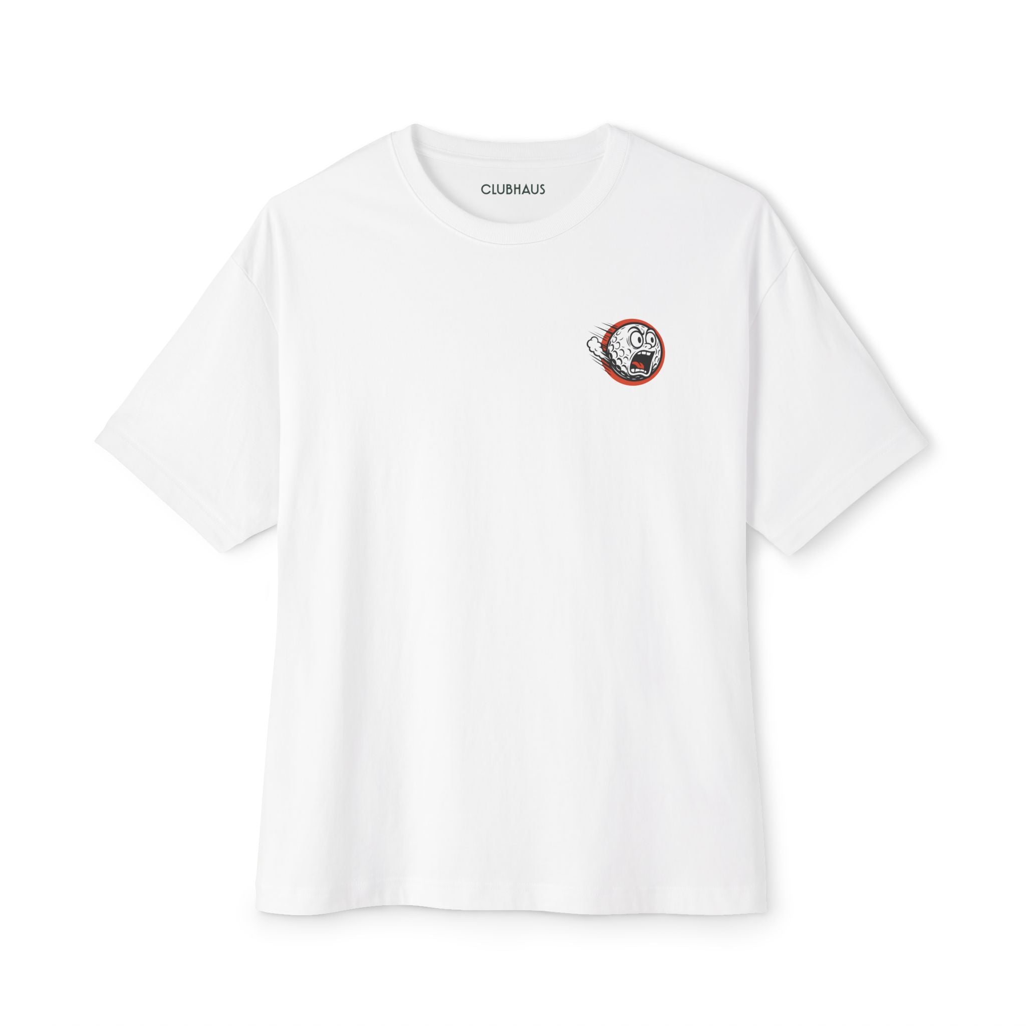 White t-shirt with a small logo on the chest against a white background