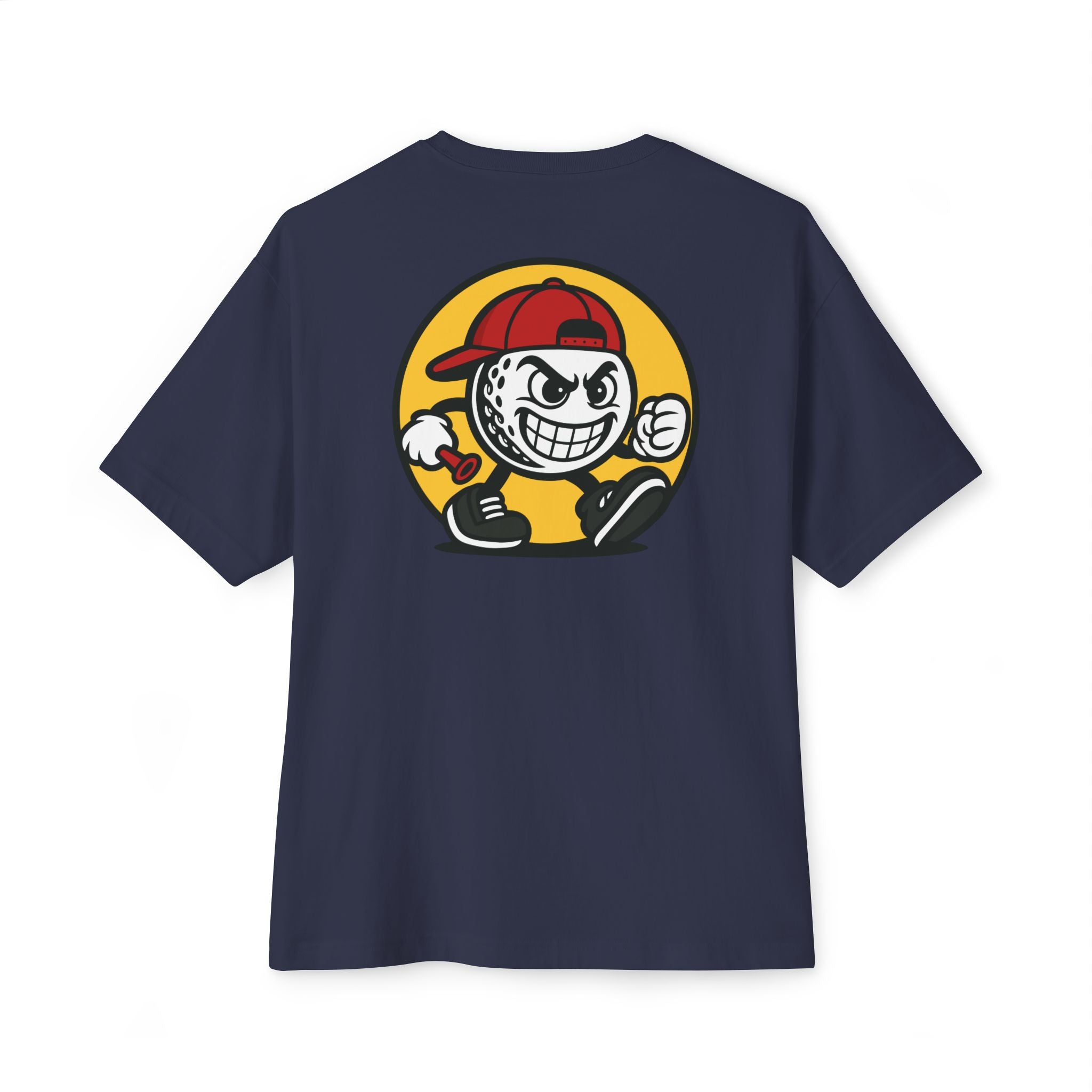 Navy blue t-shirt with a cartoon character graphic on the back against a white background