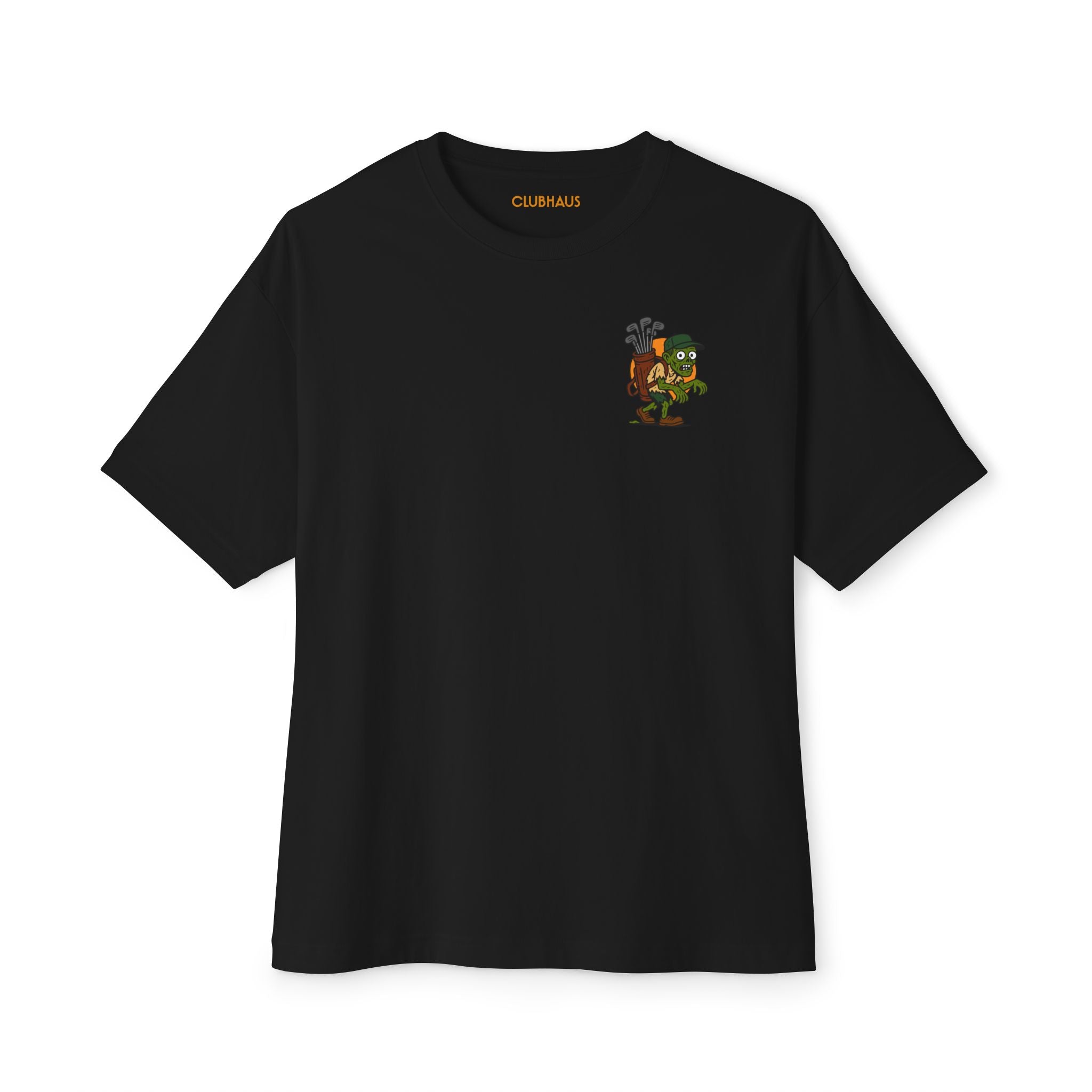 Black t-shirt with a small logo on the chest against a white background