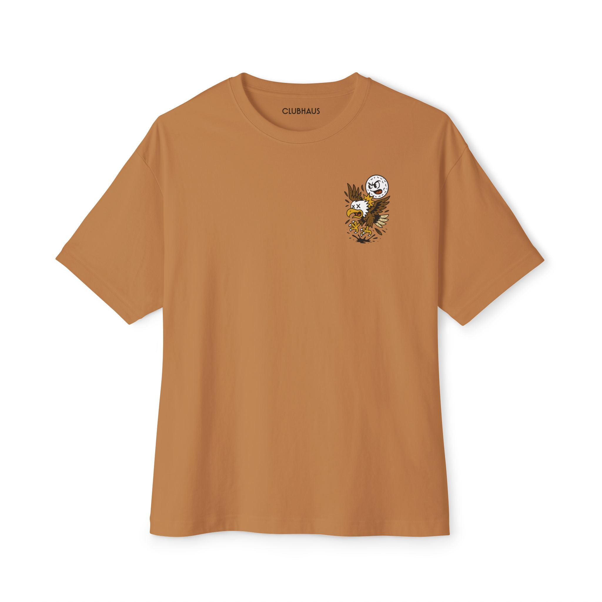 Brown t-shirt with a small graphic on the chest against a white background