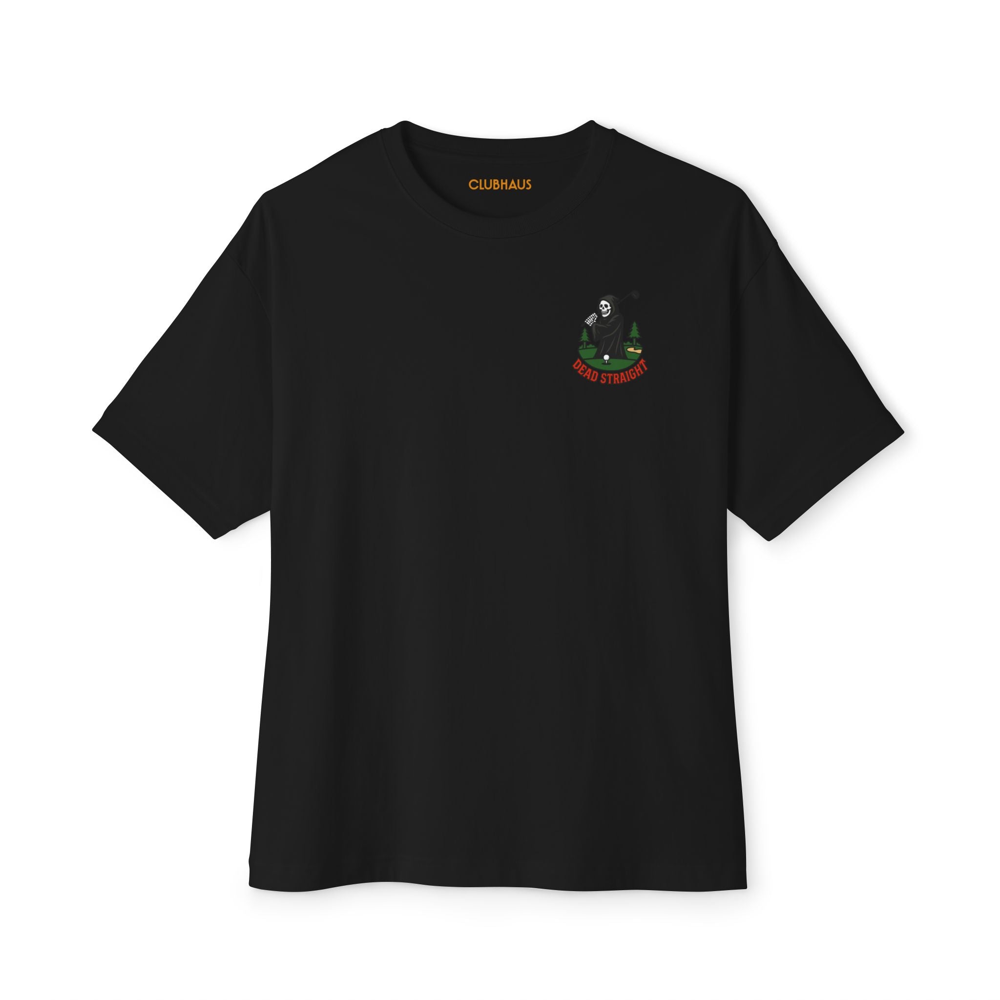 Black t-shirt with a small logo on the chest against a white background