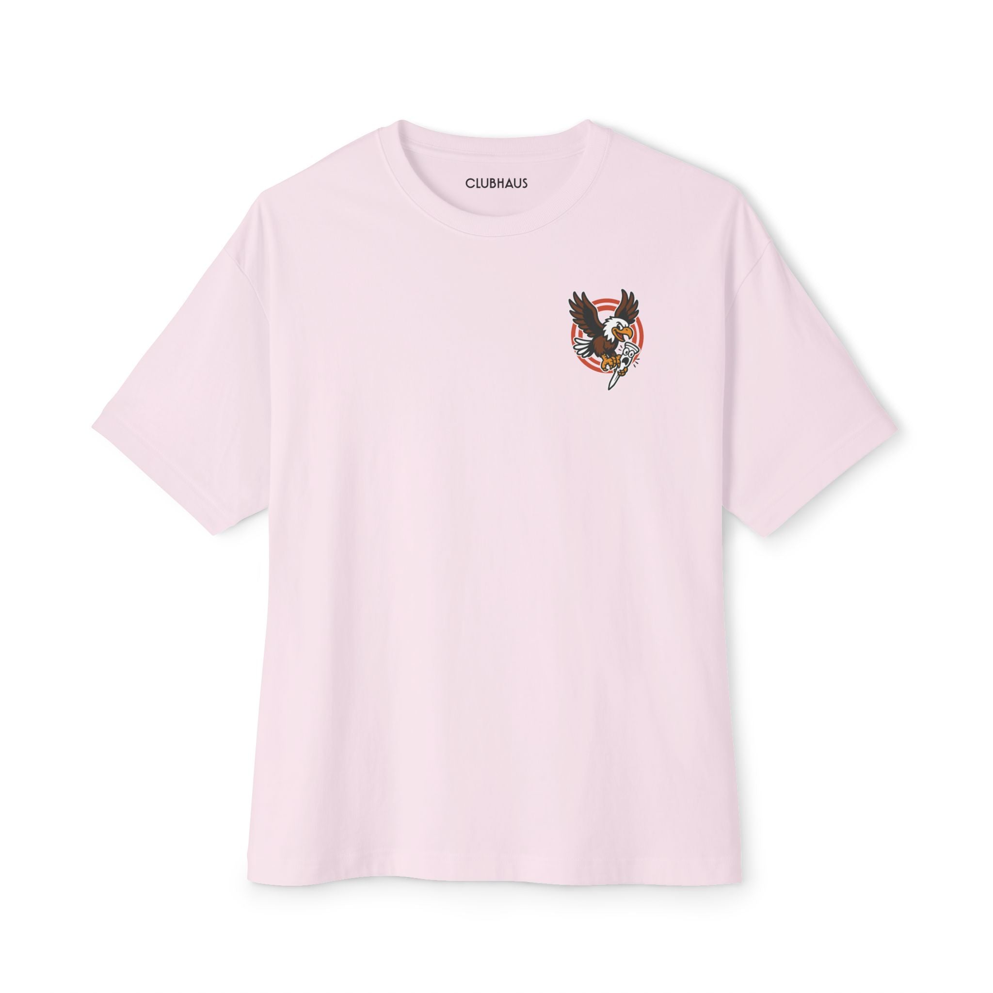 Pink t-shirt with a logo on a white background