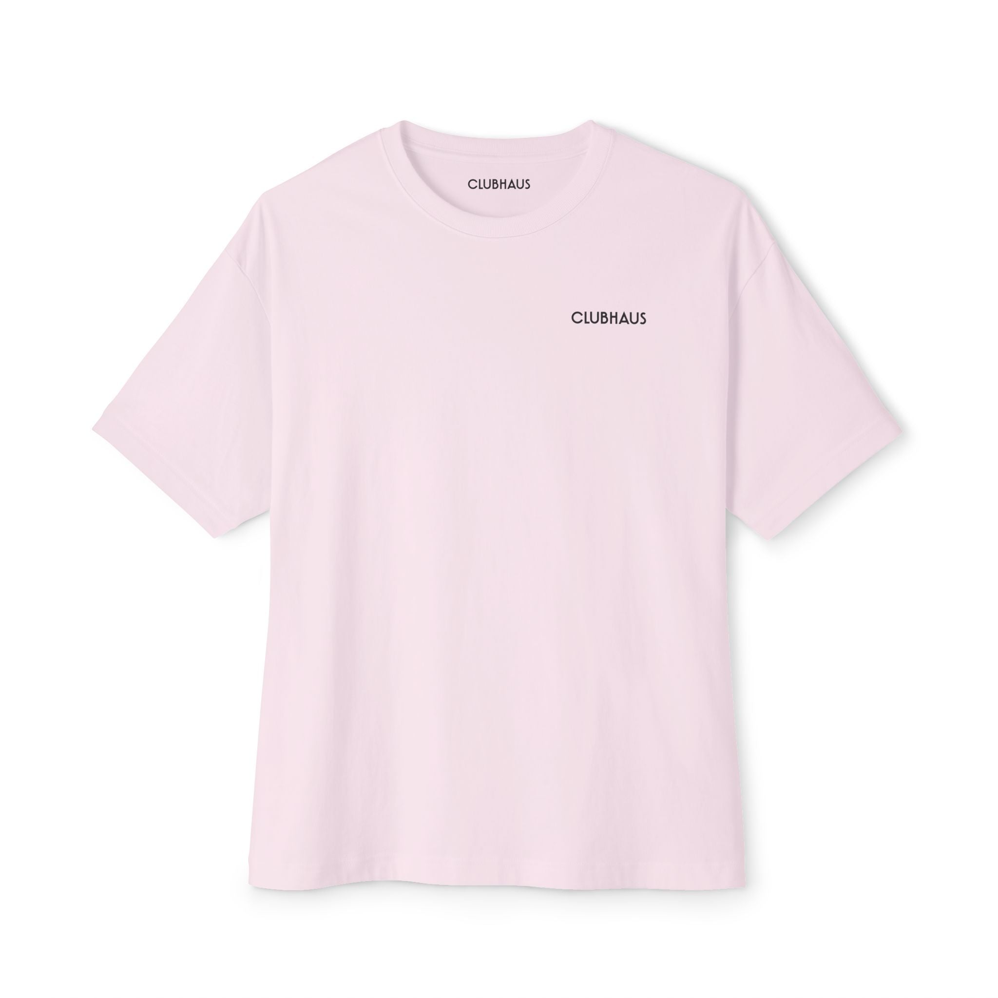 Pink t-shirt with 'CLUBHAUS' logo on a white background