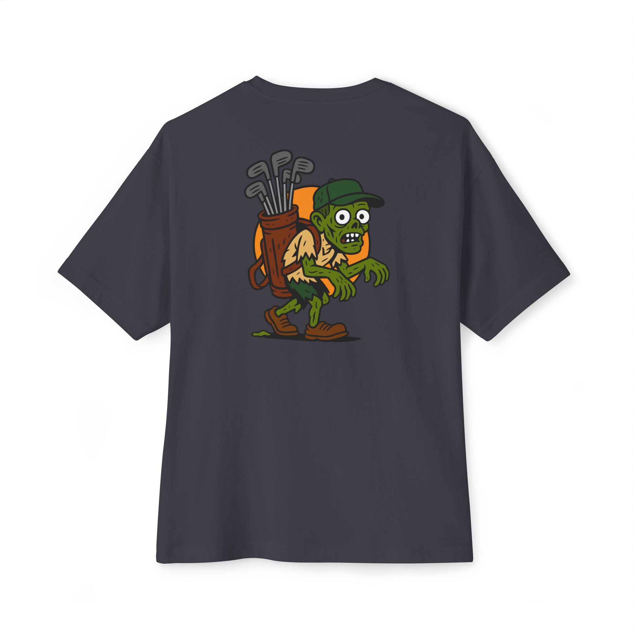 Black t-shirt with a cartoon character and golf clubs on the back, on a white background