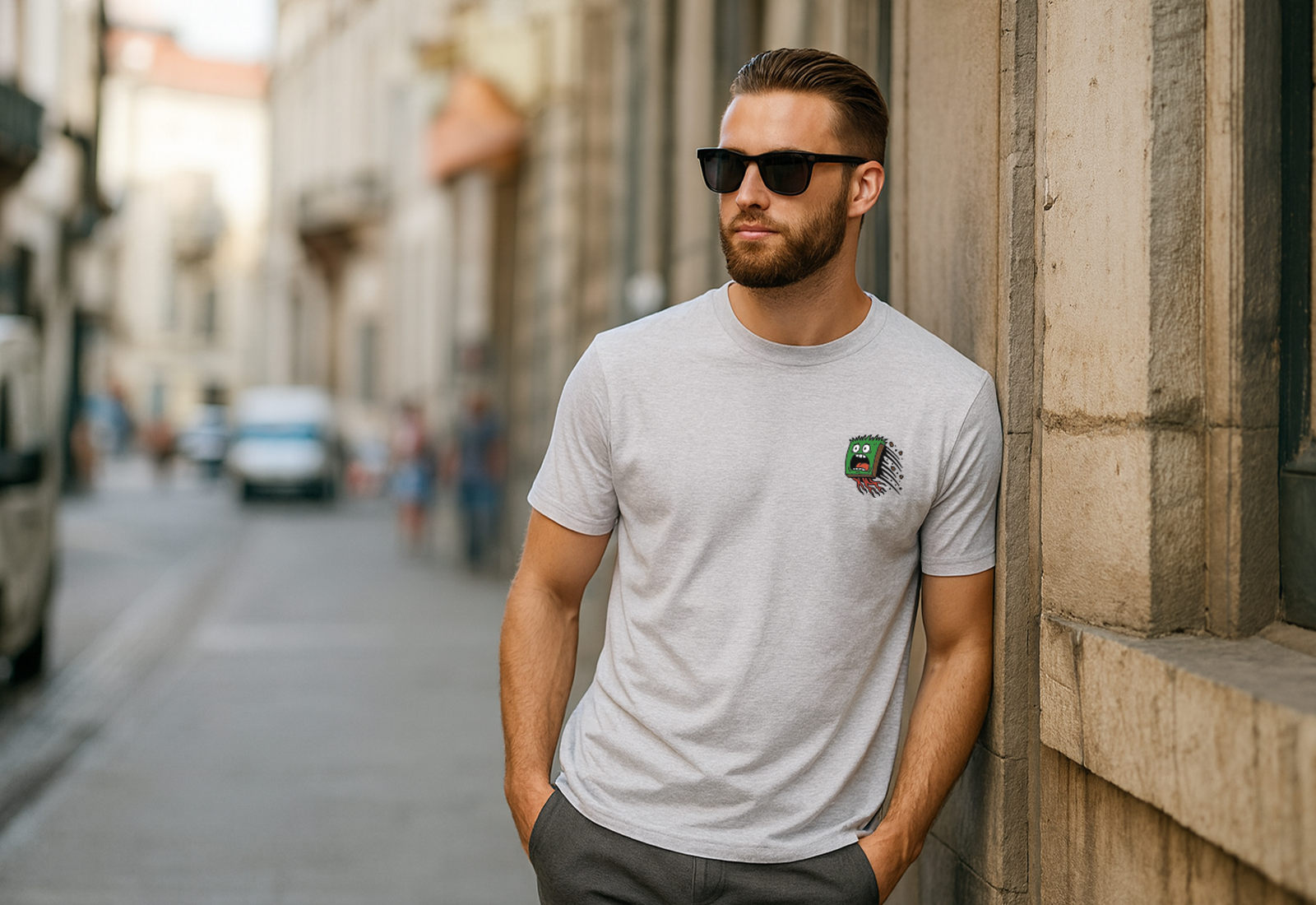 Man wearing a gray t-shirt with a logo, sunglasses, and dark pants on a city street.