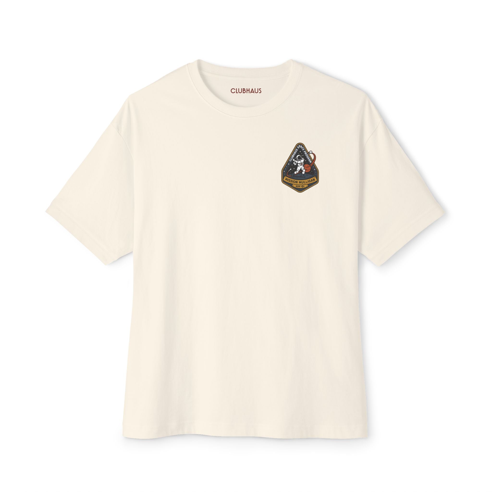 Beige t-shirt with a logo on a white background