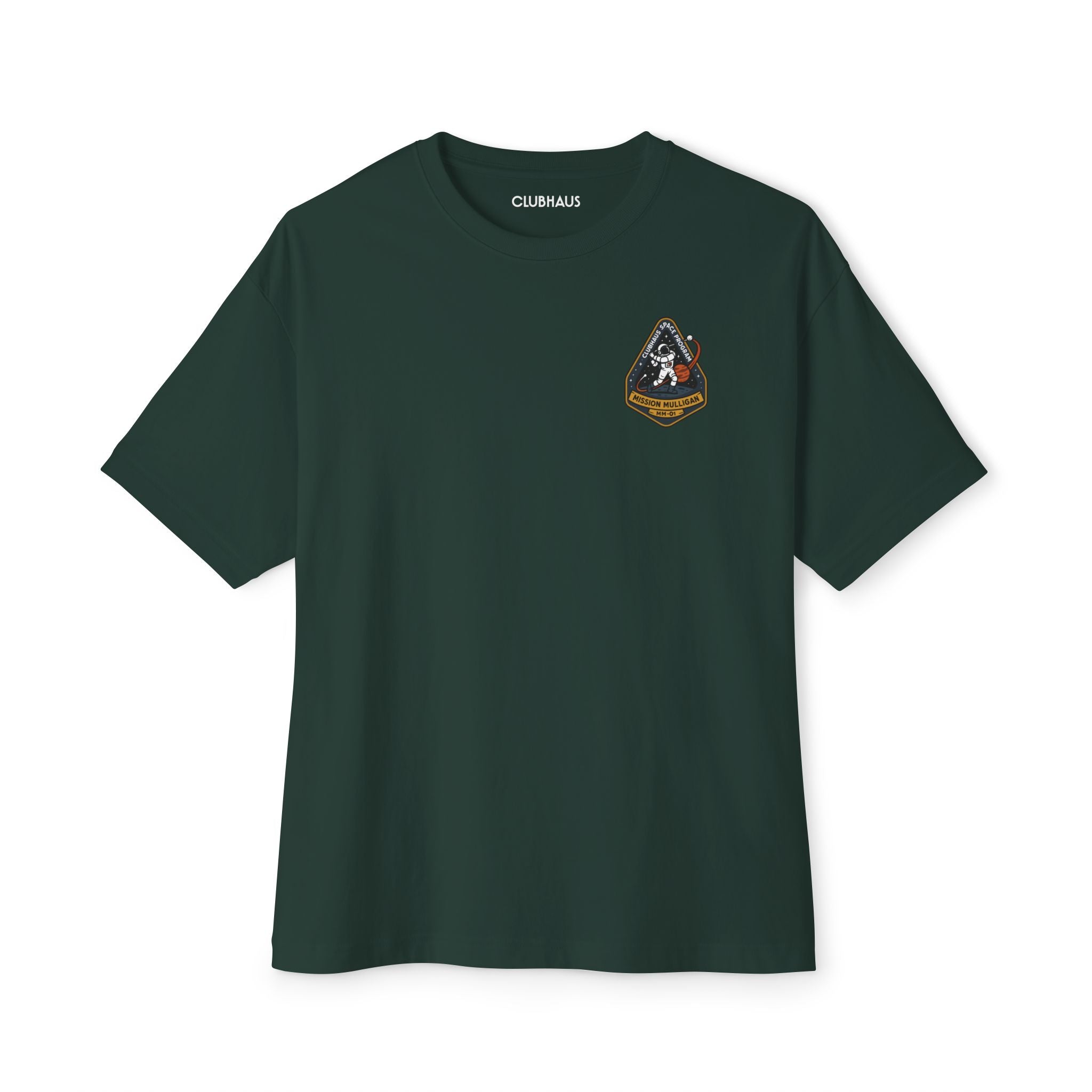 Green t-shirt with a logo on the chest against a white background