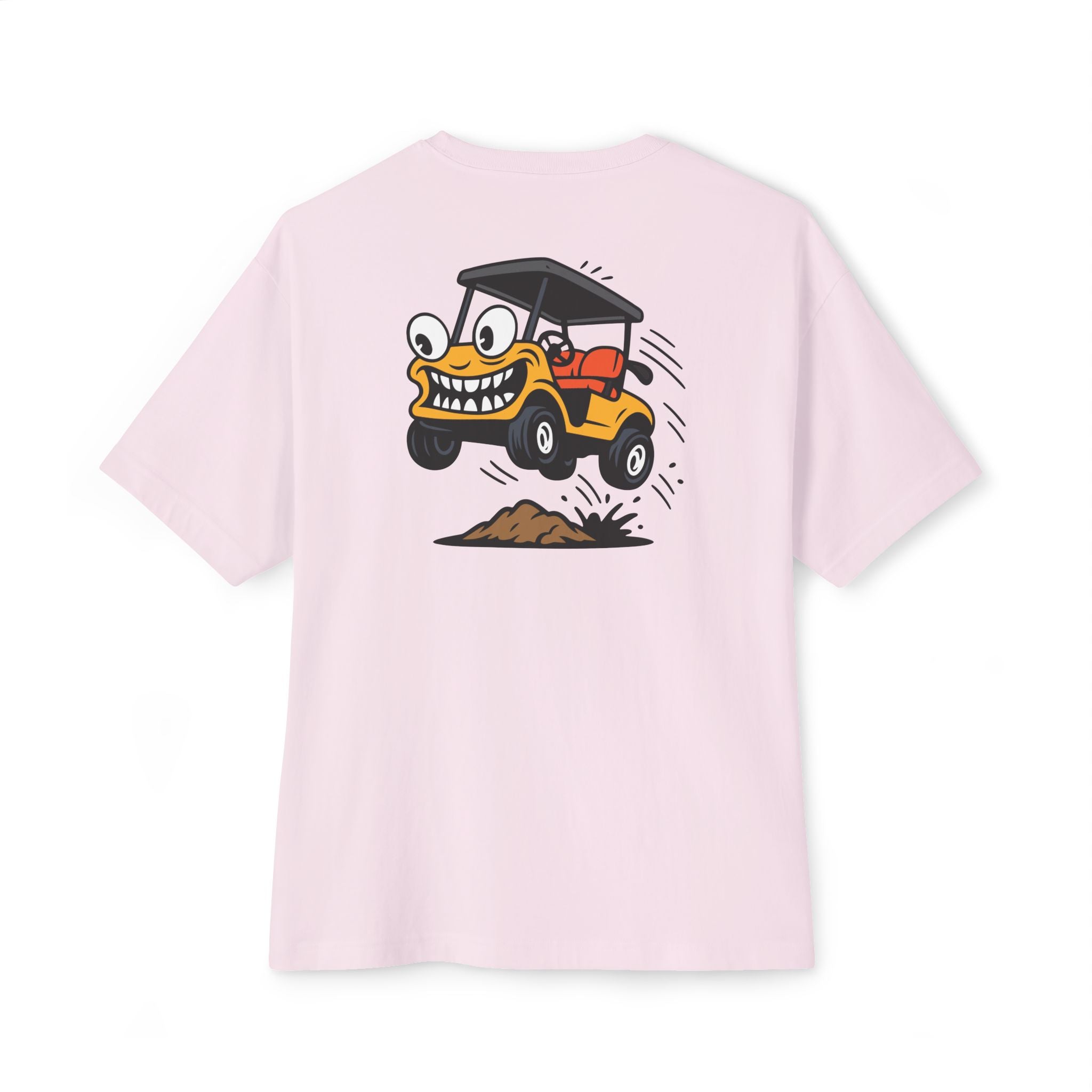 Pink t-shirt with a cartoon character on the back on a white background