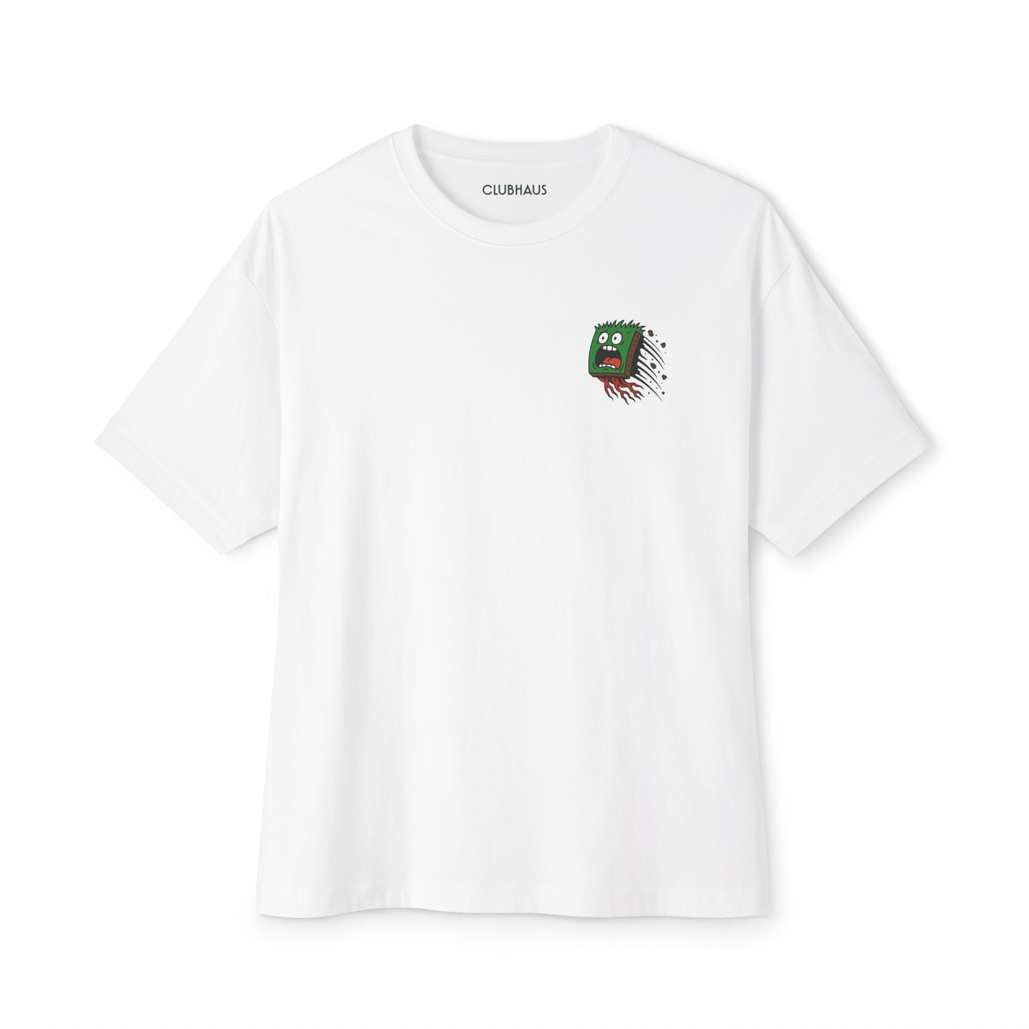 White t-shirt with a graphic design on a white background