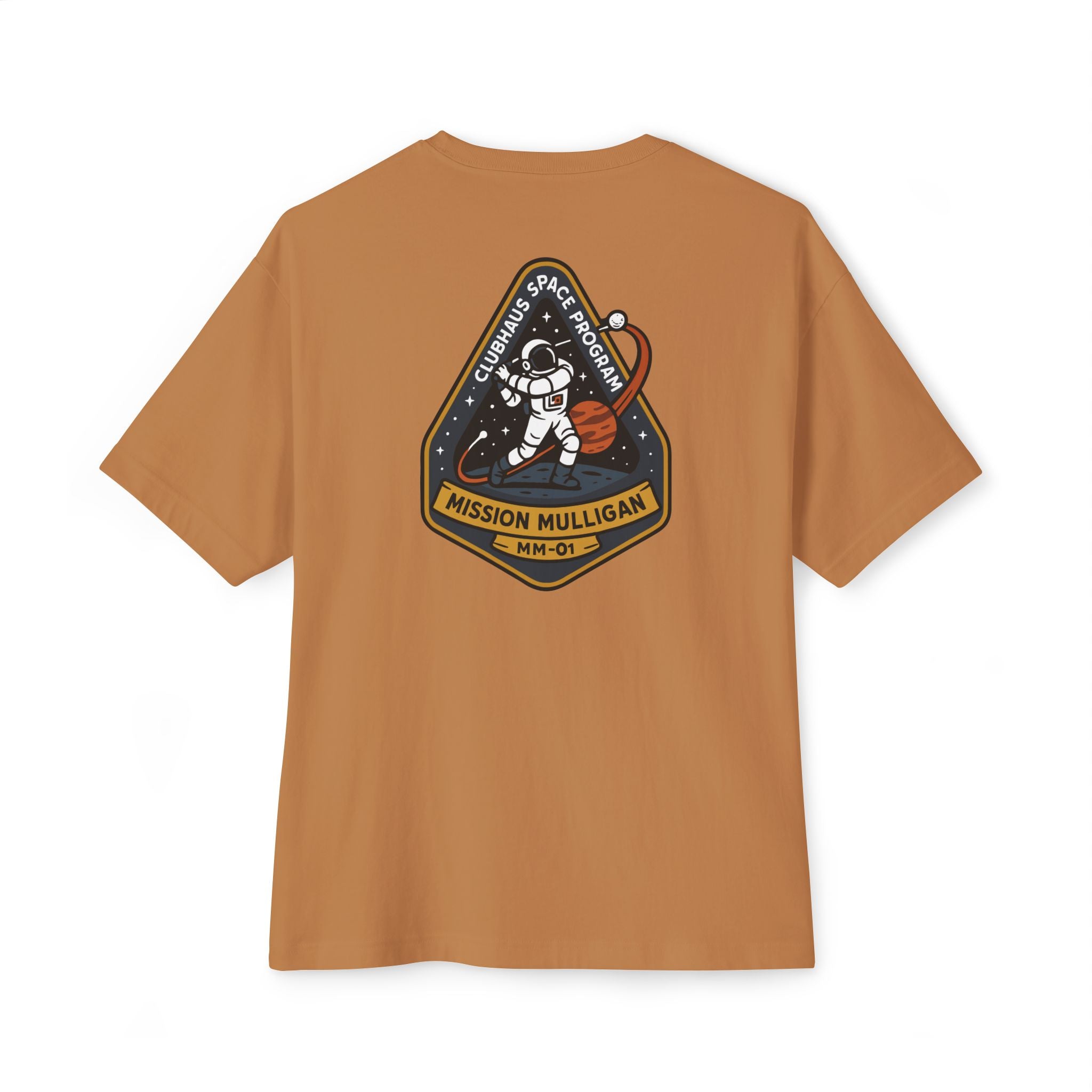 Brown t-shirt with space-themed graphic on the back against a white background