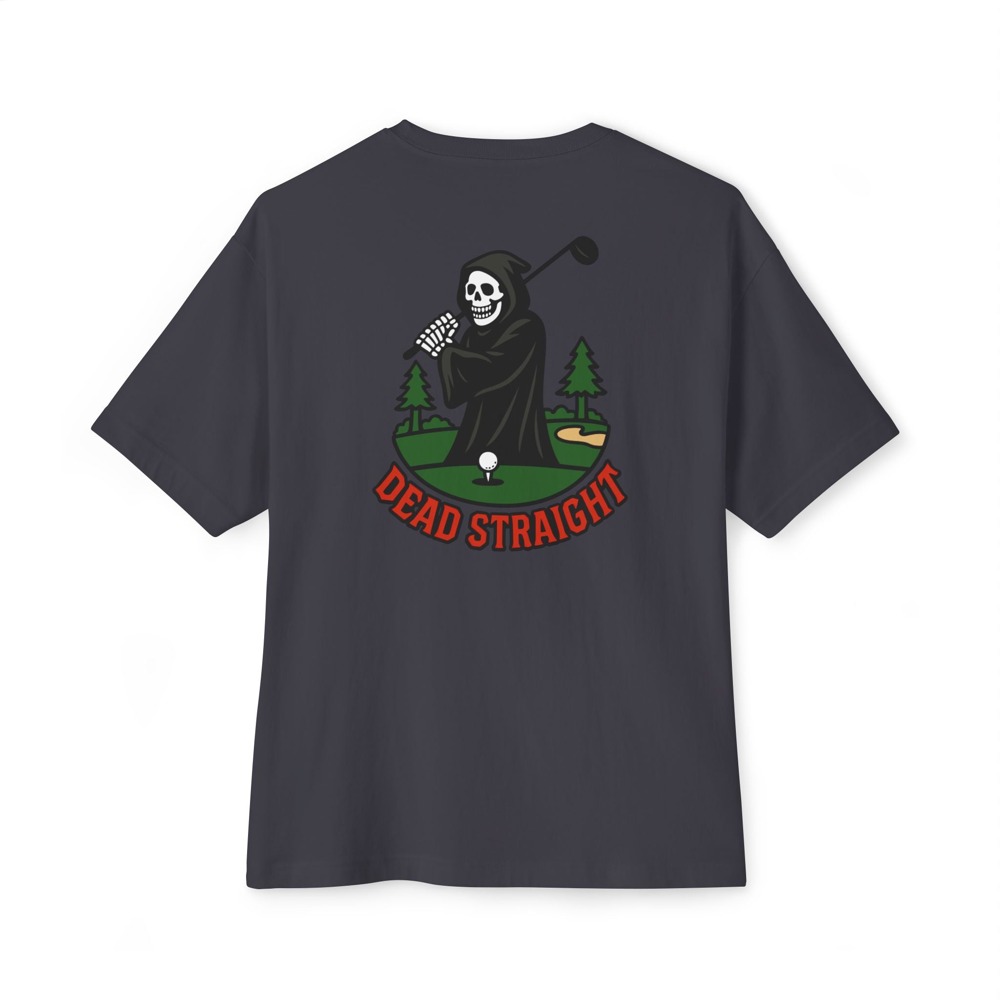 Black t-shirt with a graphic of a skeleton golfing and 'Dead Straight' text on the back.