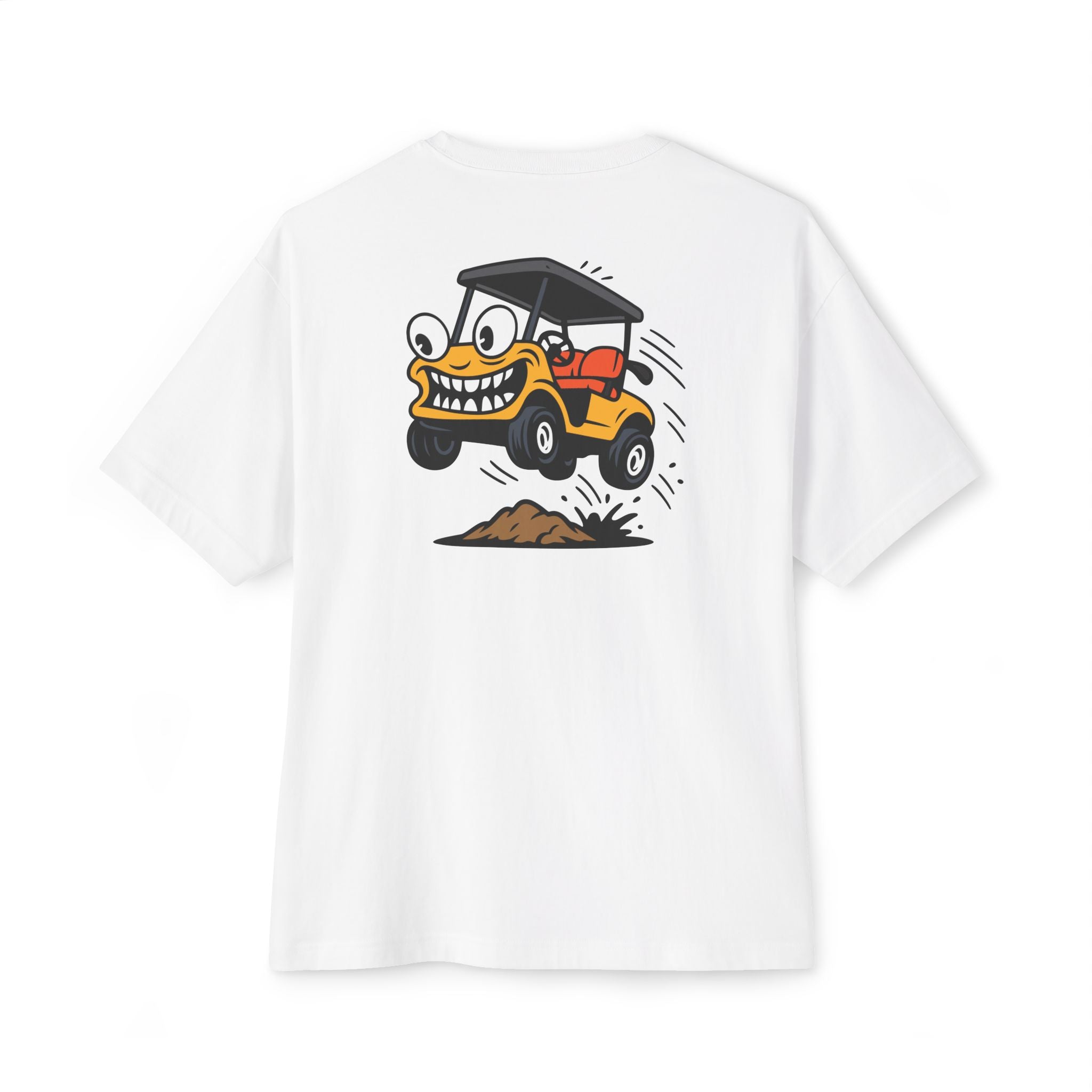 White t-shirt with a cartoon character on the back on a white background
