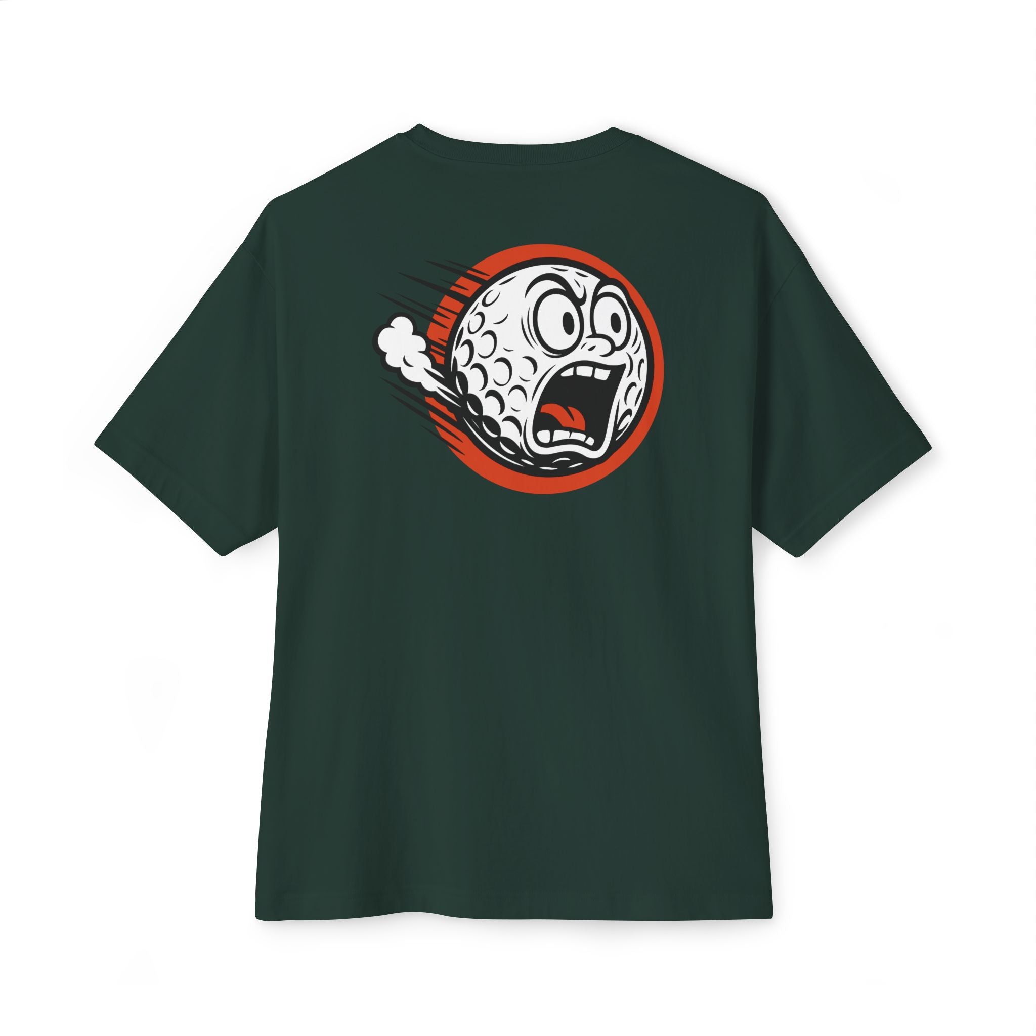 Dark green t-shirt with a graphic design on the back against a white background