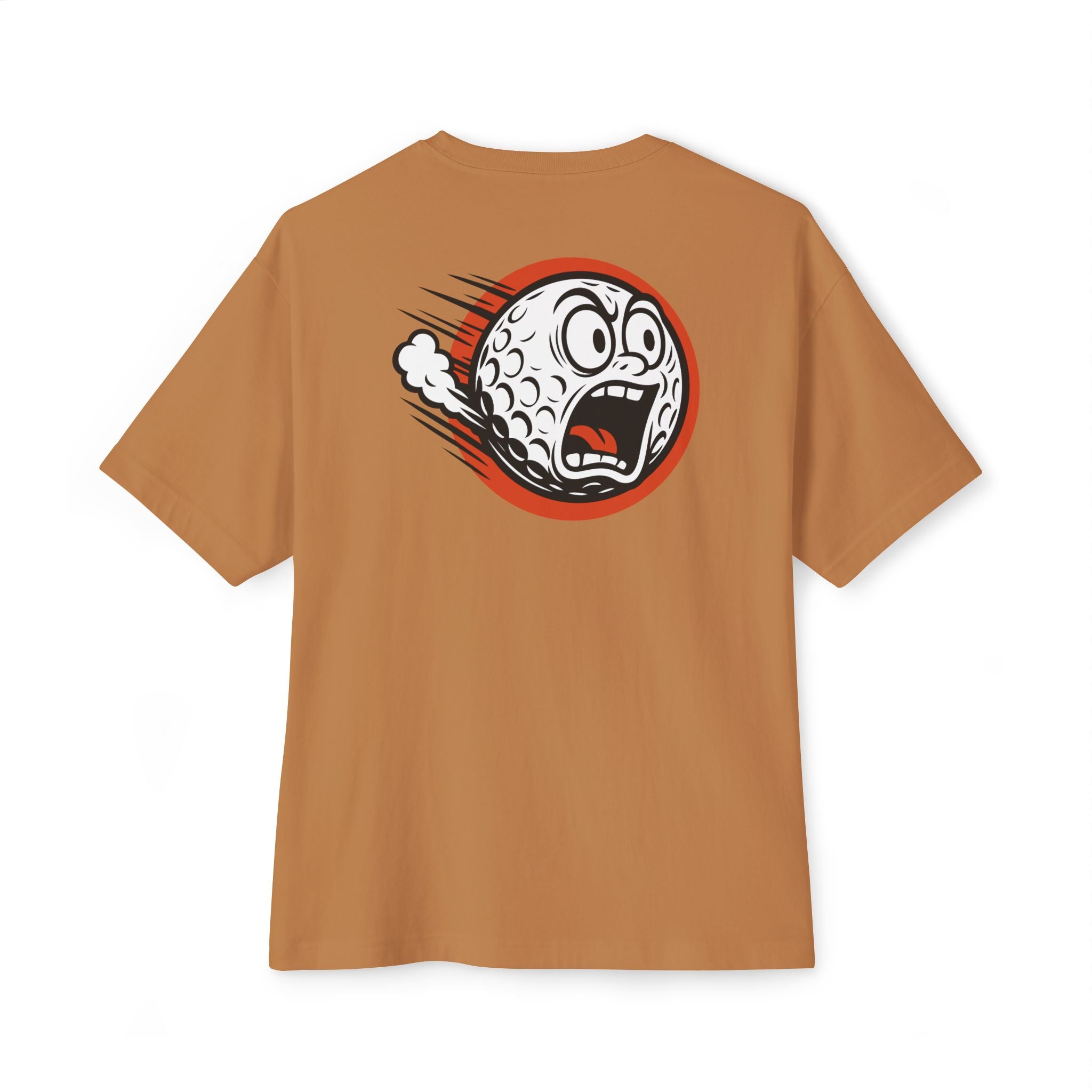 Brown t-shirt with a graphic design of a golf ball with a face on the back