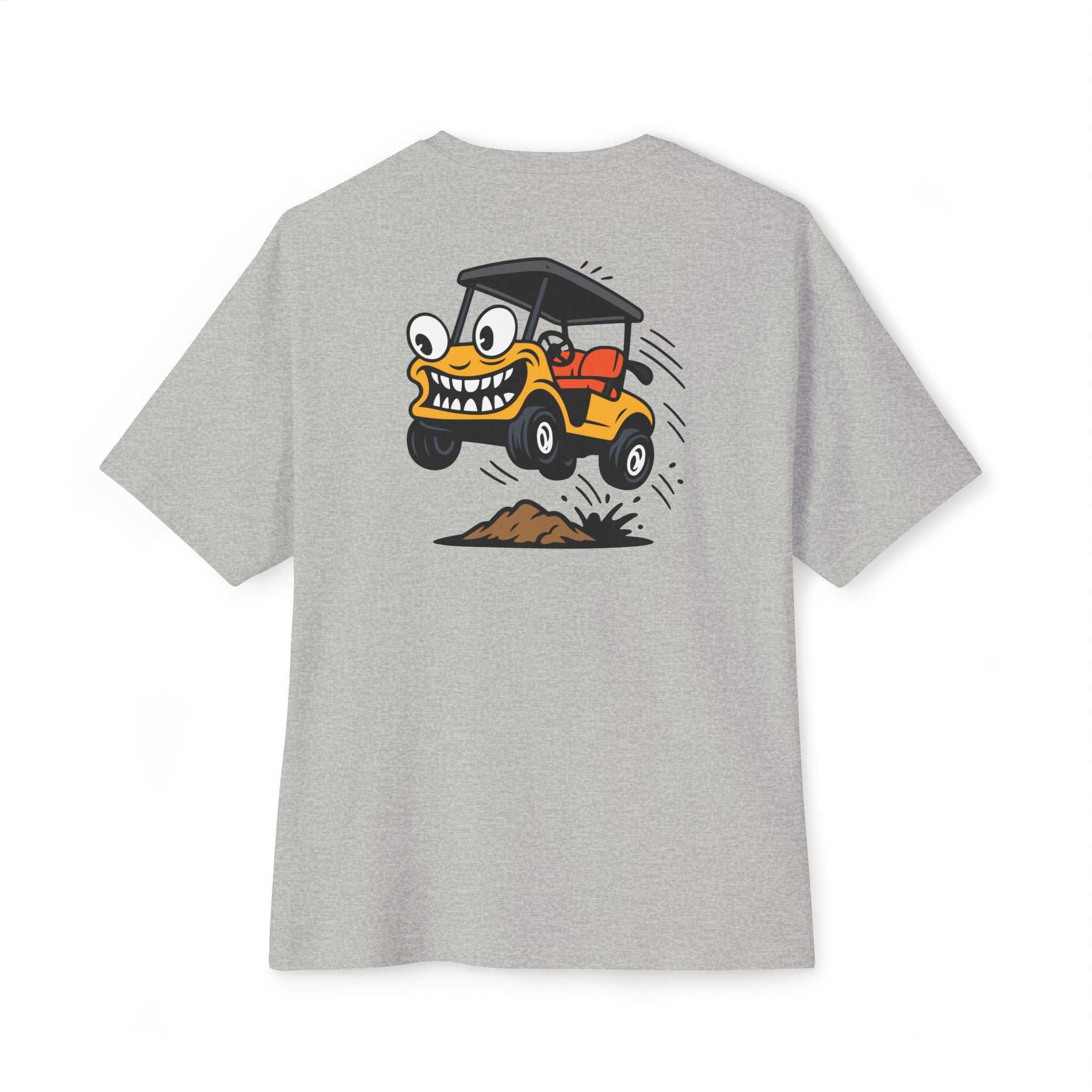 Gray t-shirt with a cartoon golf cart graphic on the back against a white background