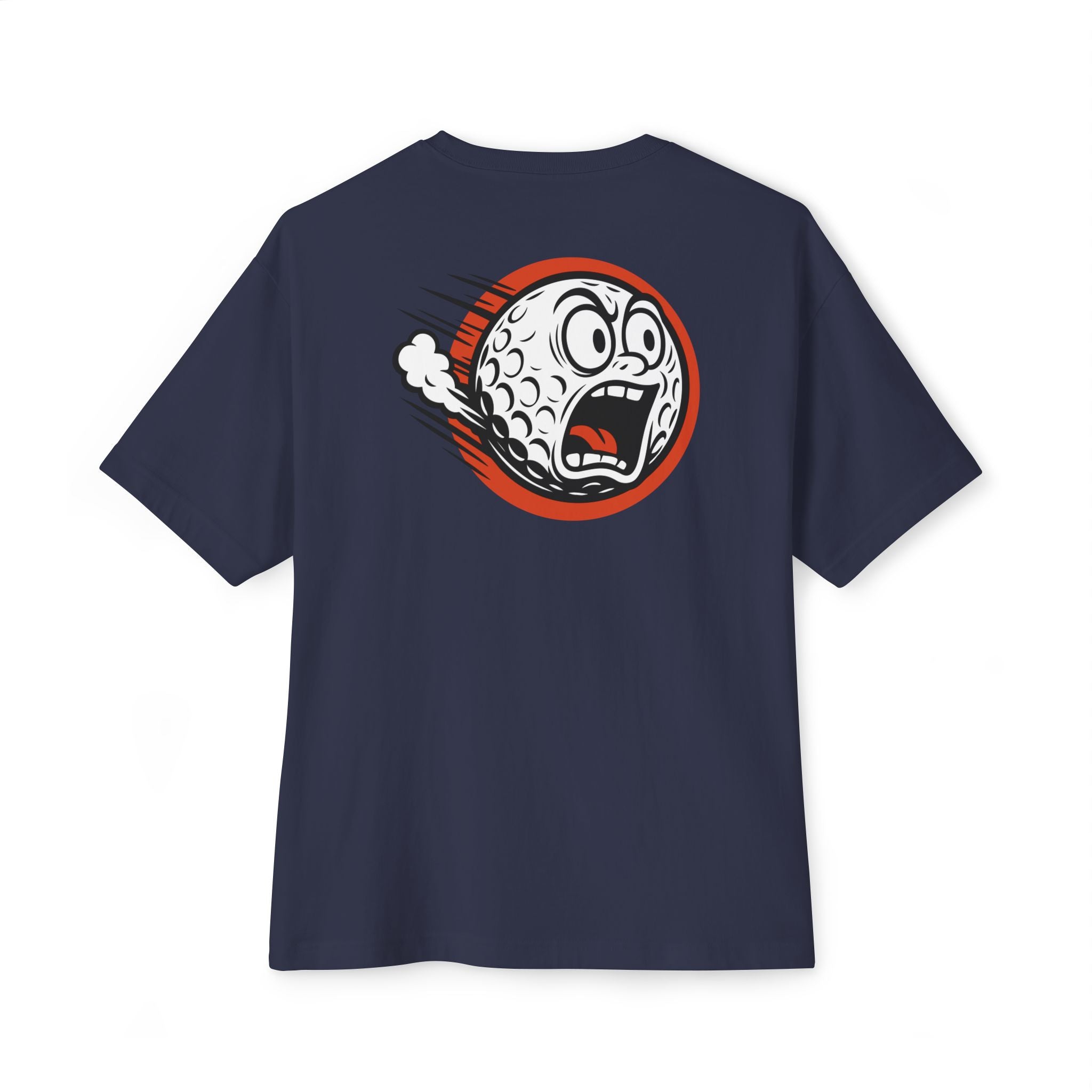 Navy blue t-shirt with a graphic design on the back against a white background