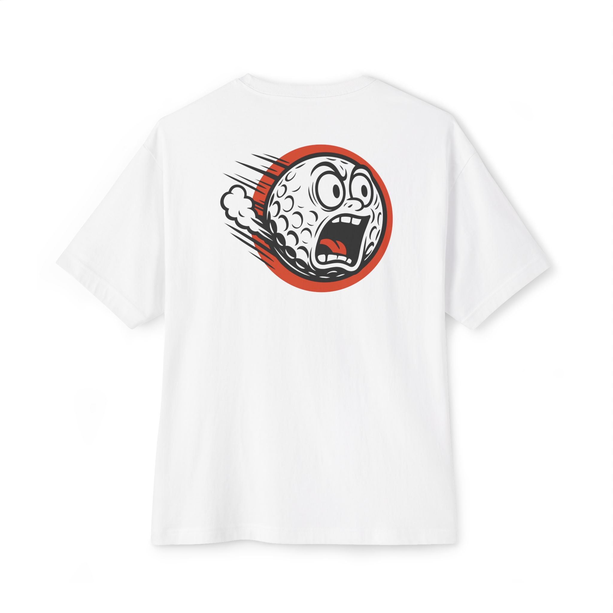 White t-shirt with a graphic design on the back against a white background