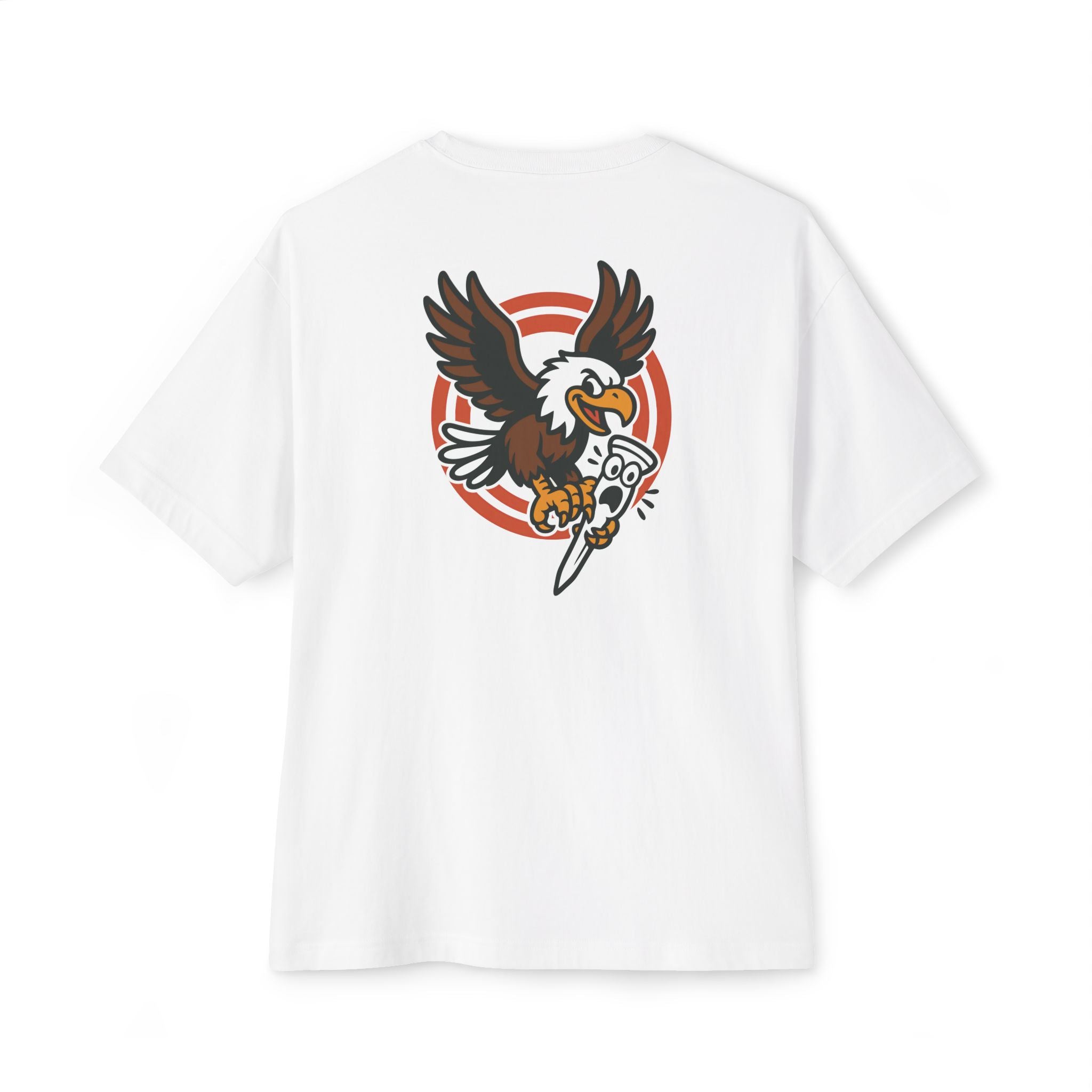 White t-shirt with an eagle graphic on a white background