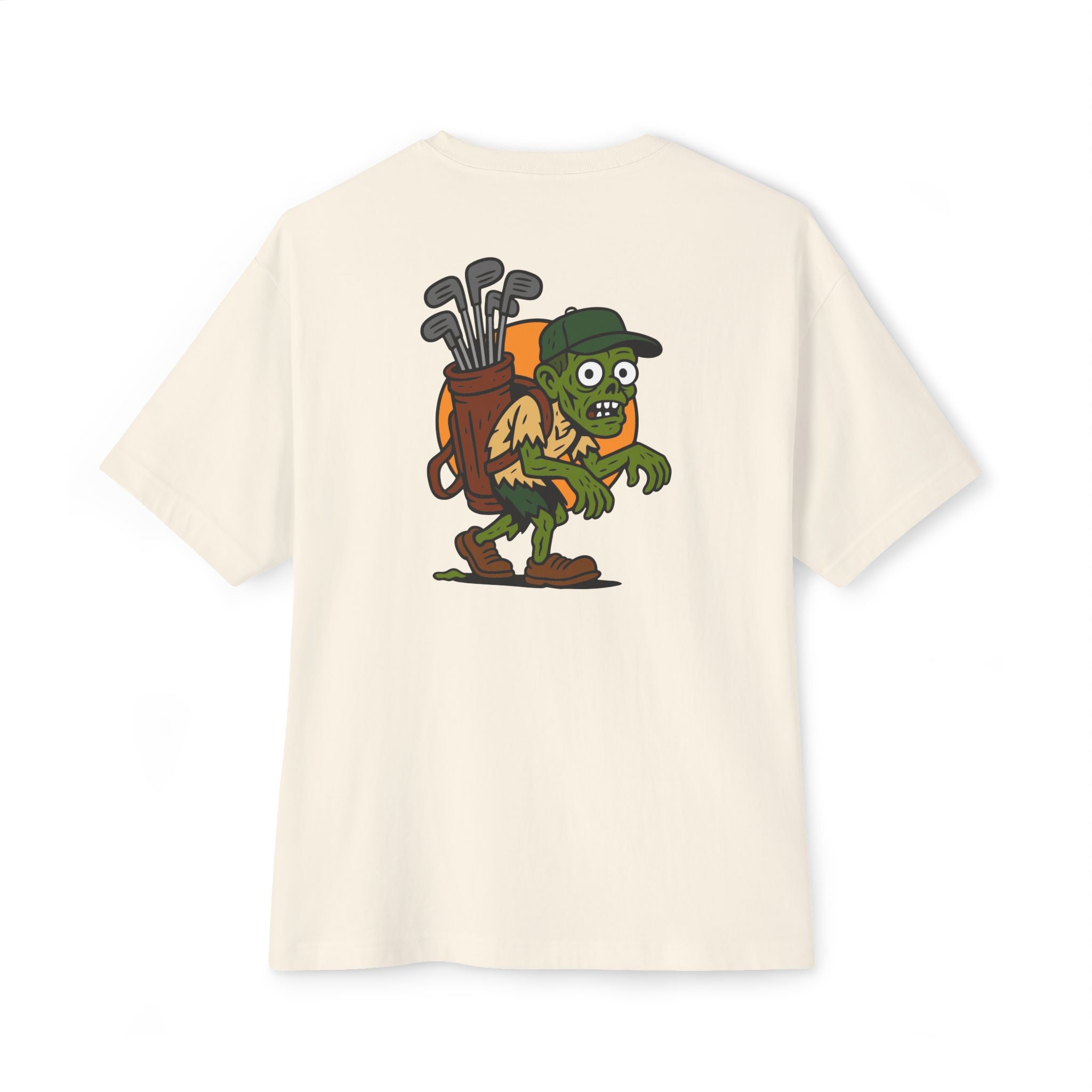Beige t-shirt with cartoon character holding golf clubs on a white background
