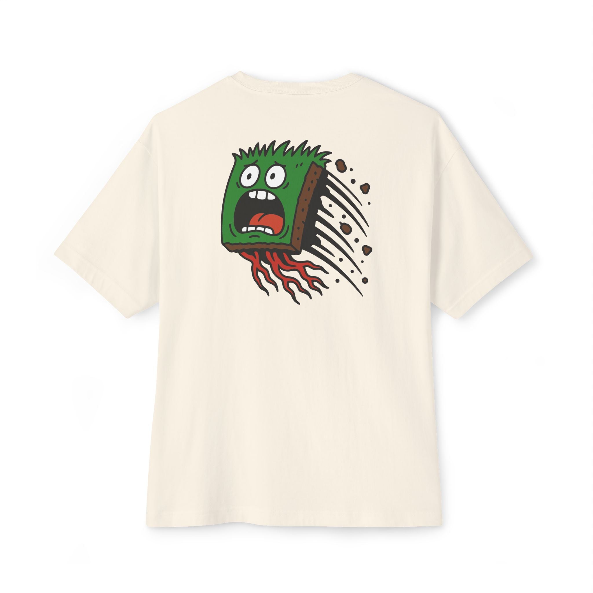 Beige t-shirt with a graphic design on the back against a white background