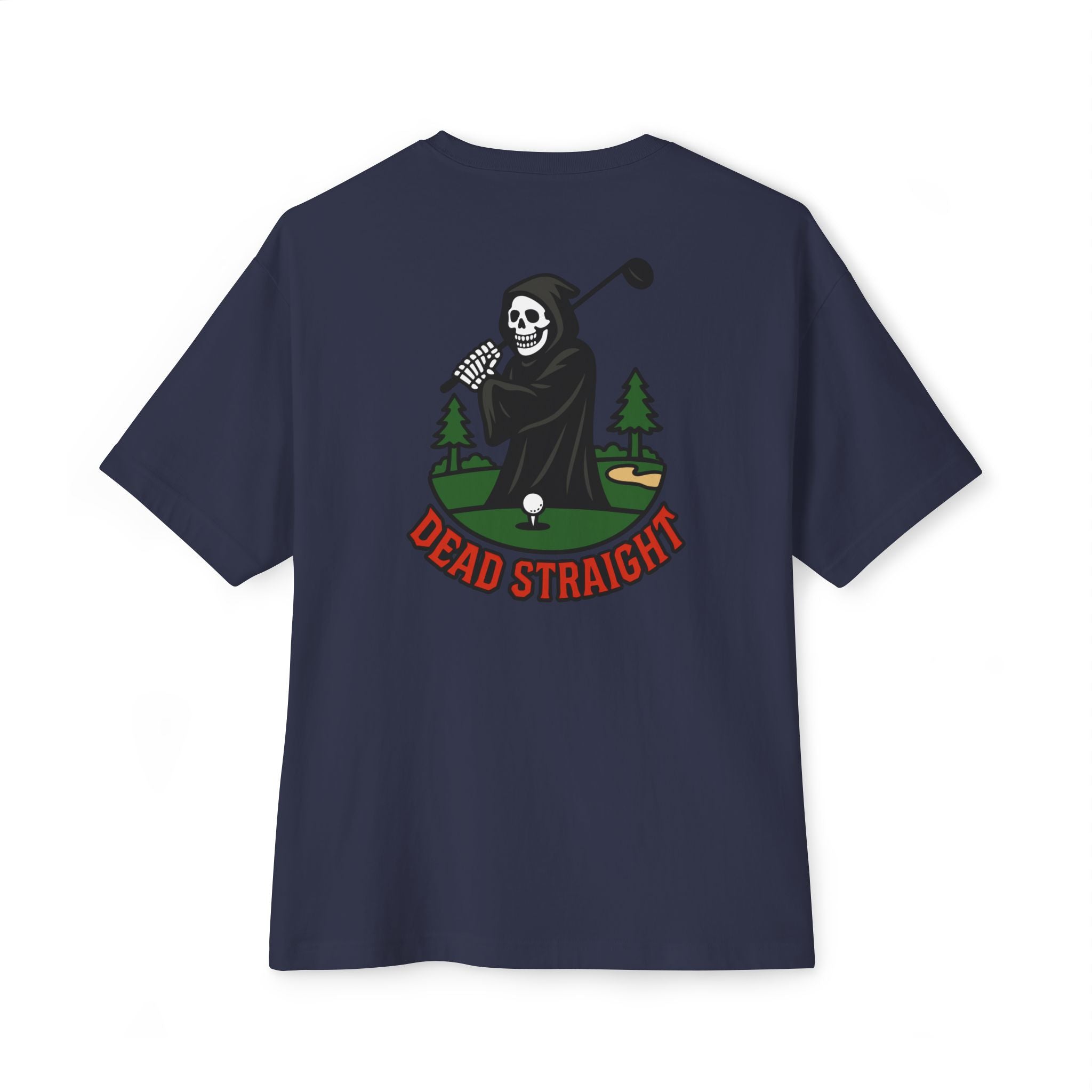 Navy blue t-shirt with a graphic of a skeleton golfing and 'Dead Straight' text on a white background