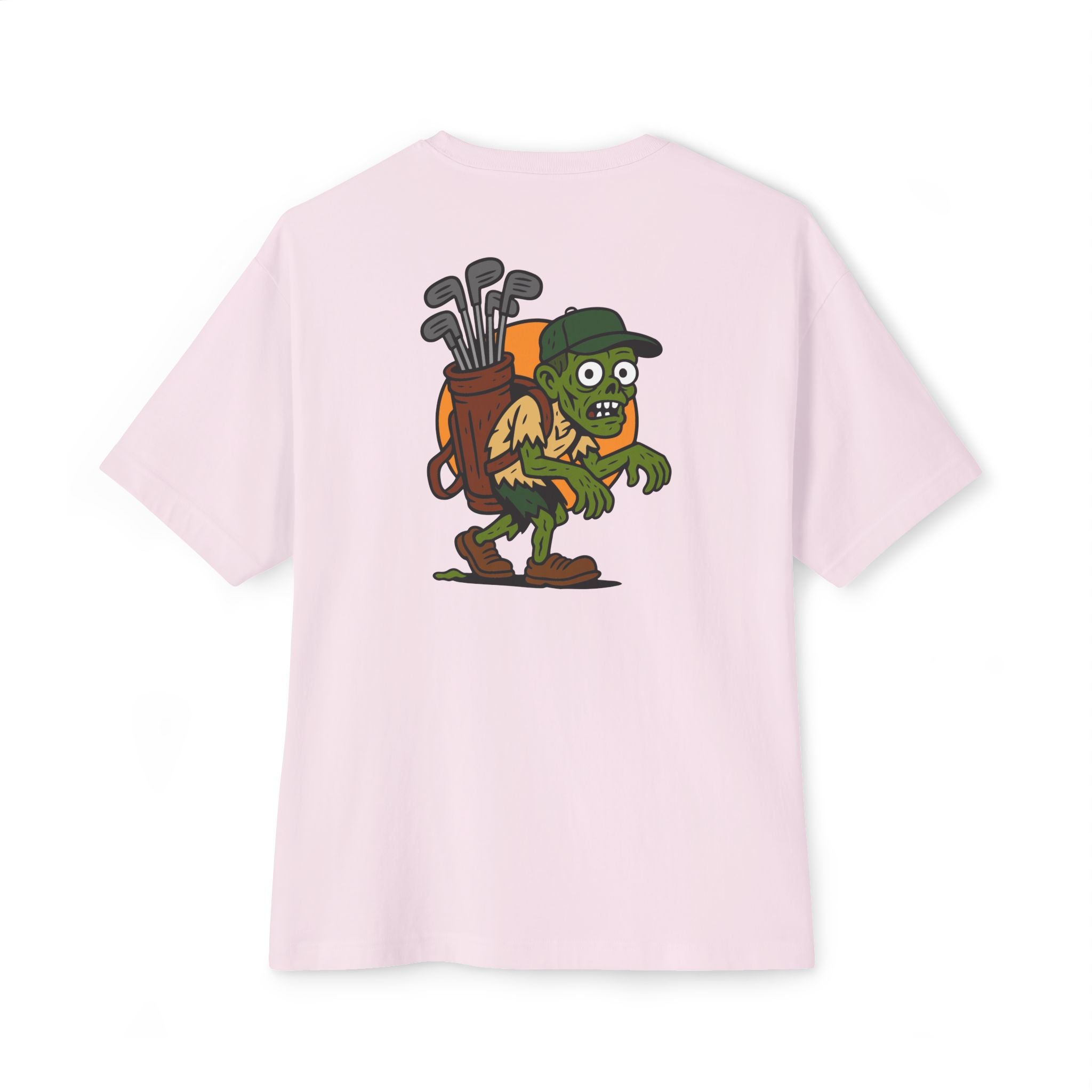 Pink t-shirt with a cartoon character holding golf clubs on the back against a white background