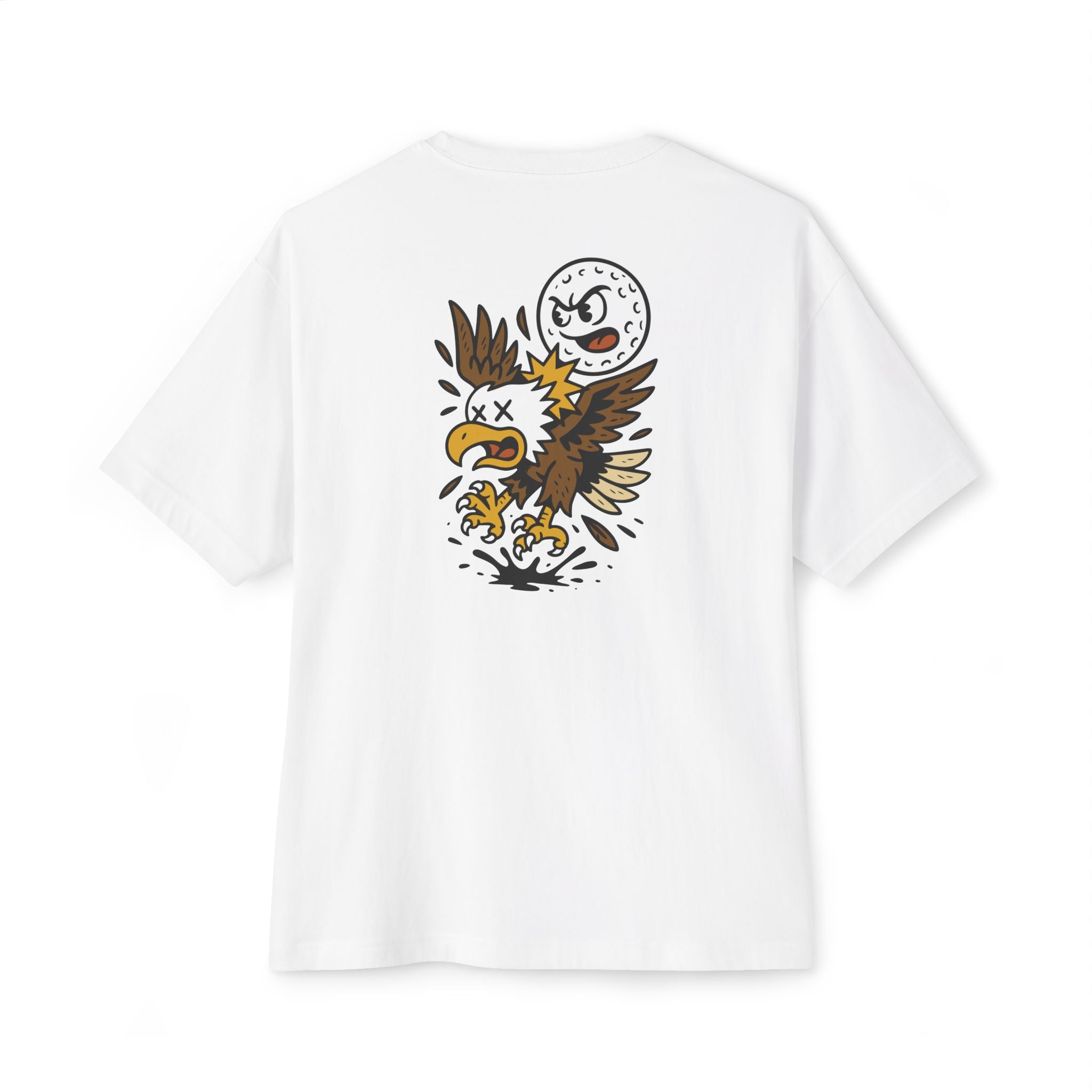 White t-shirt with a graphic design of an eagle and a moon on the back against a white background
