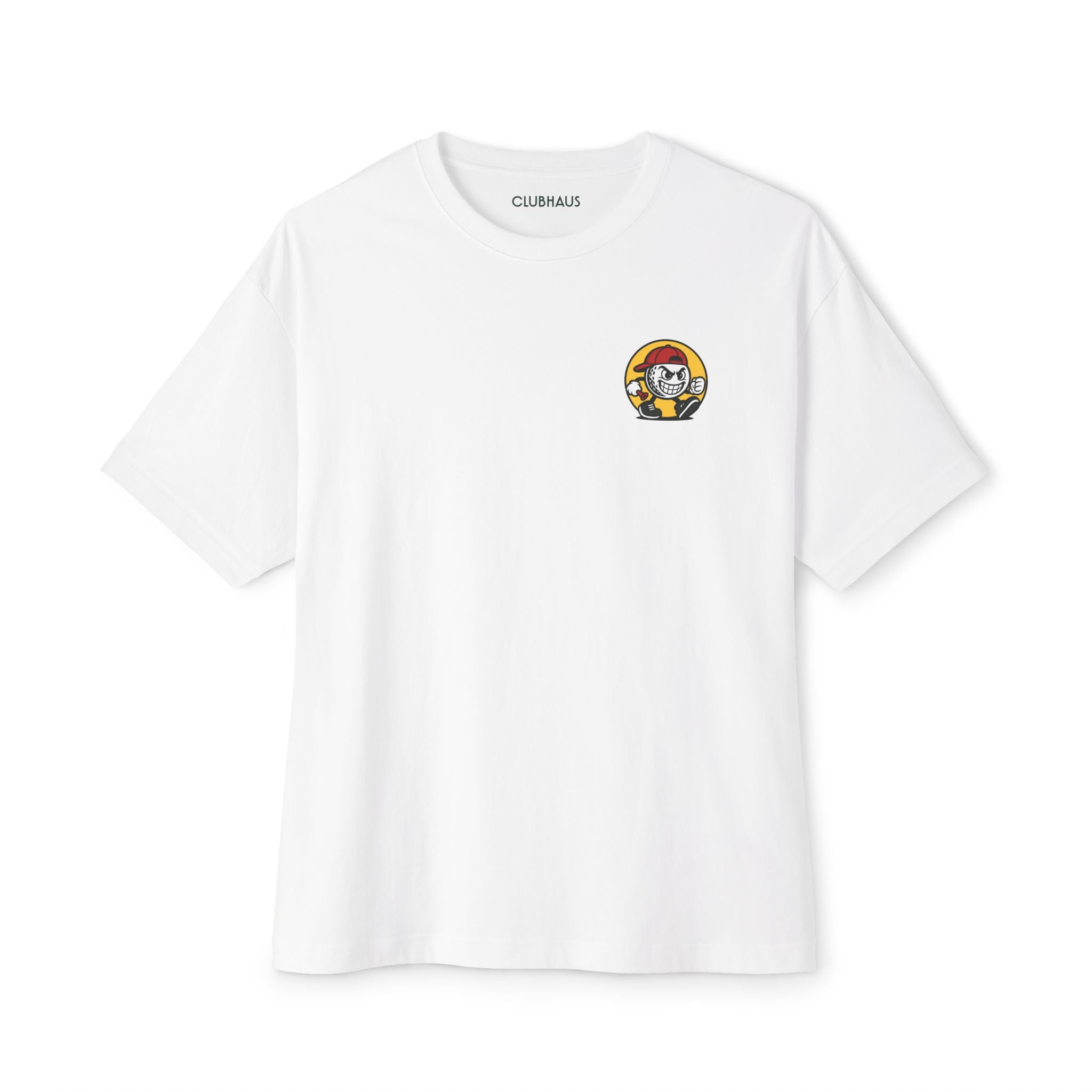 White t-shirt with a small logo on the chest against a white background