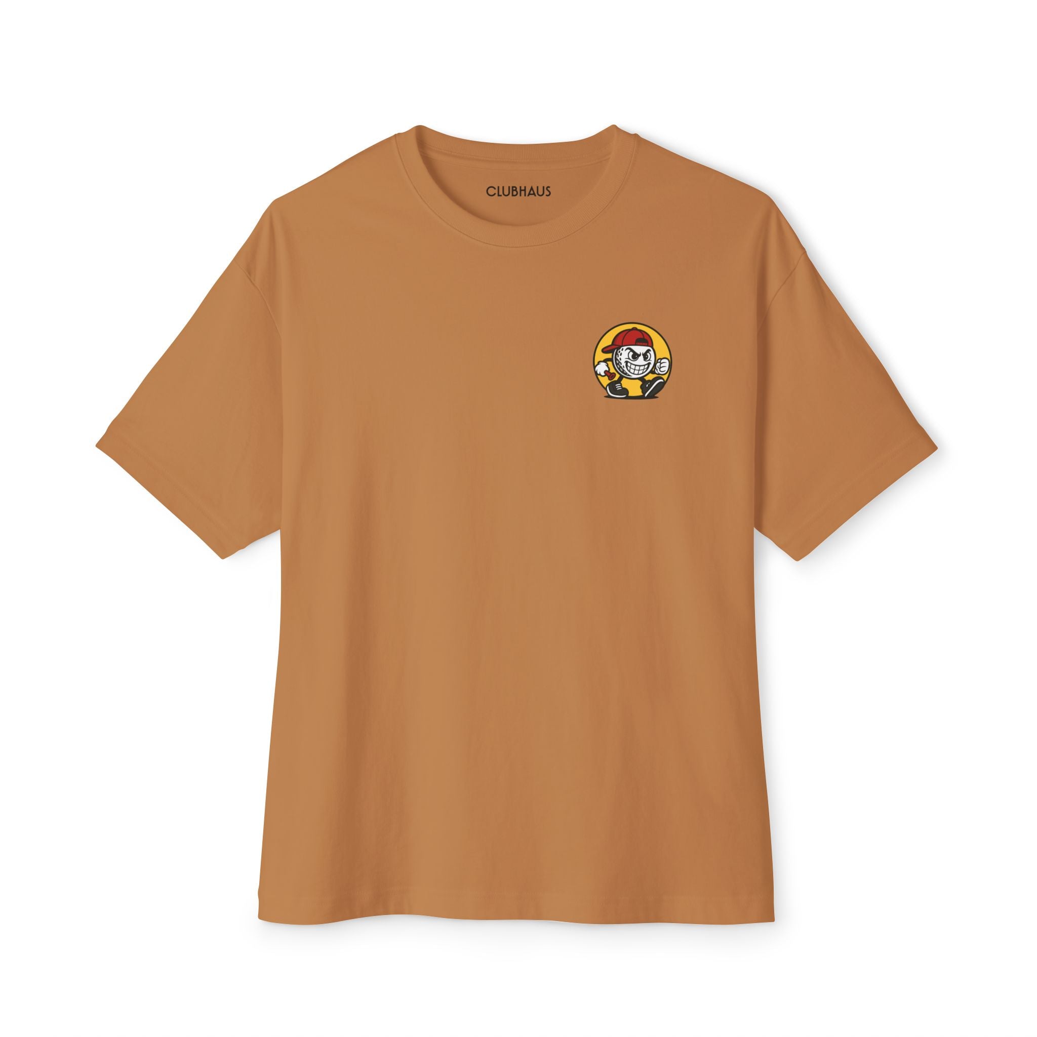Brown t-shirt with a small graphic on the chest against a white background