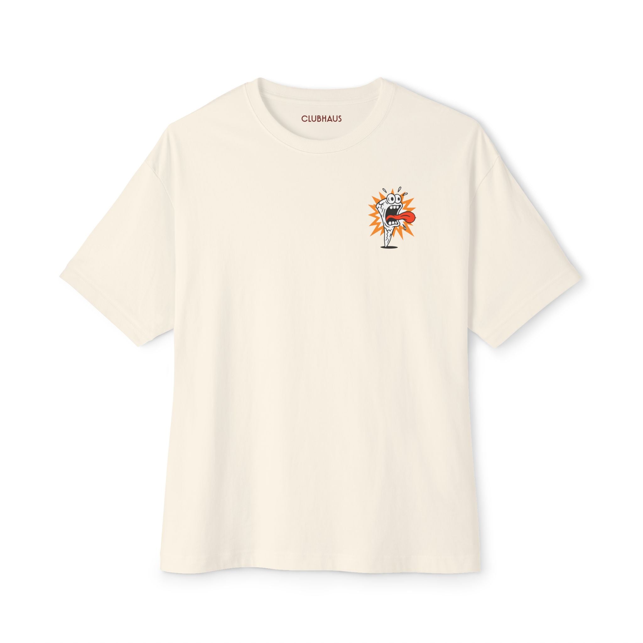 Beige t-shirt with a graphic design on a white background