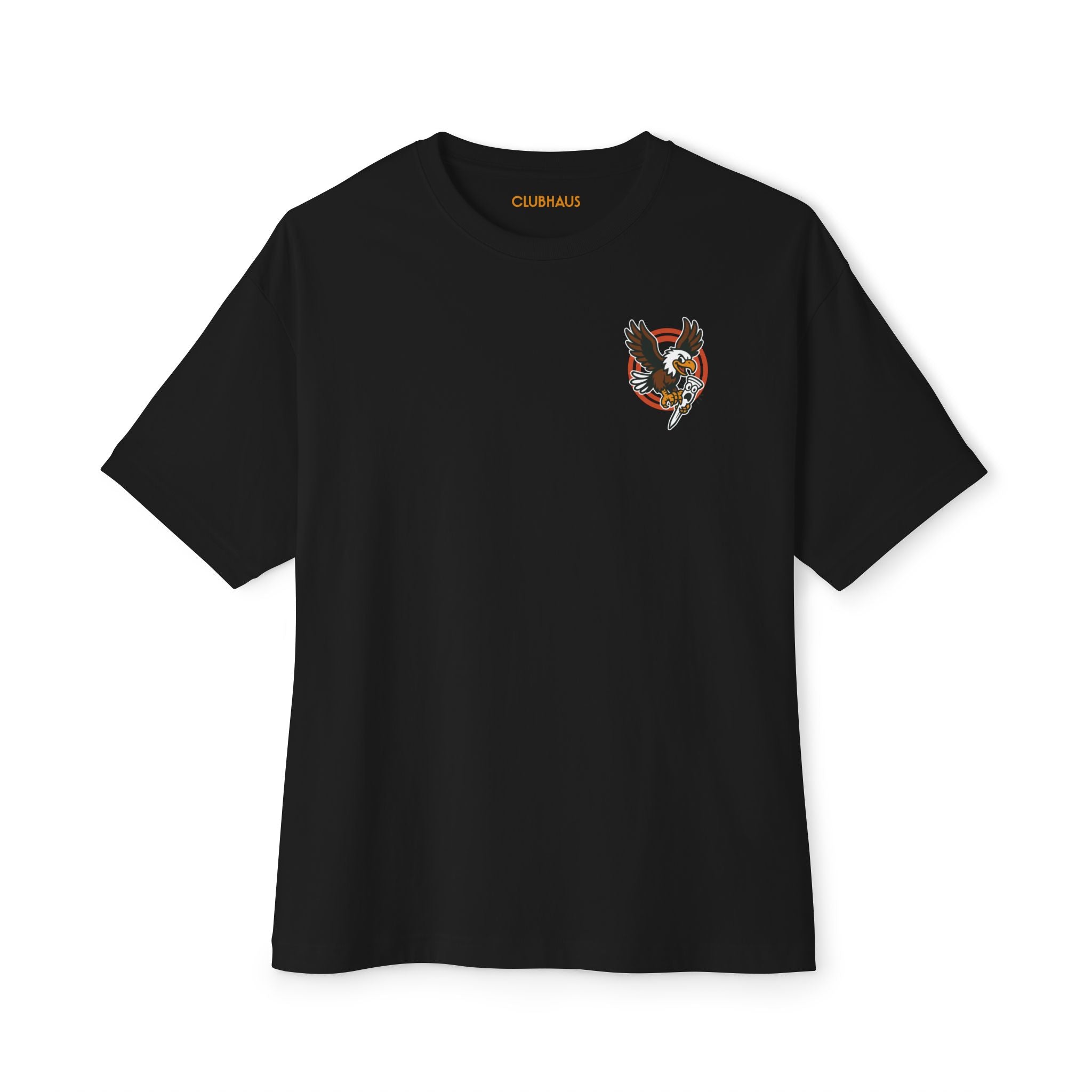 Black t-shirt with a small logo on the chest against a white background