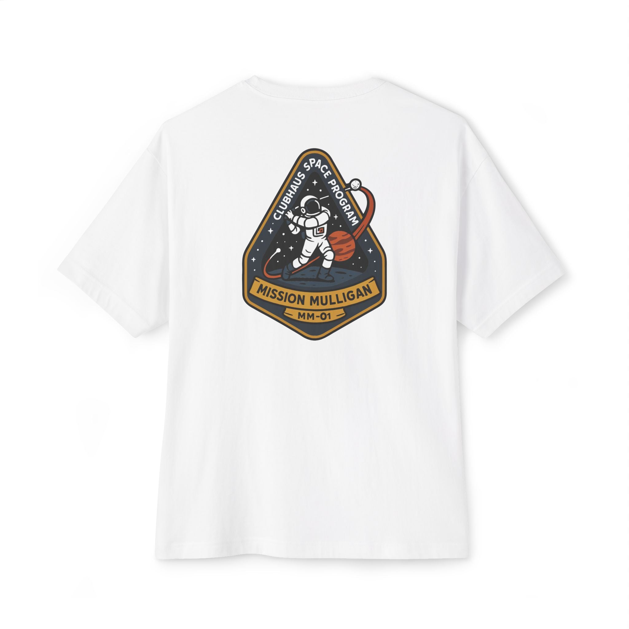White t-shirt with space-themed patch on a white background