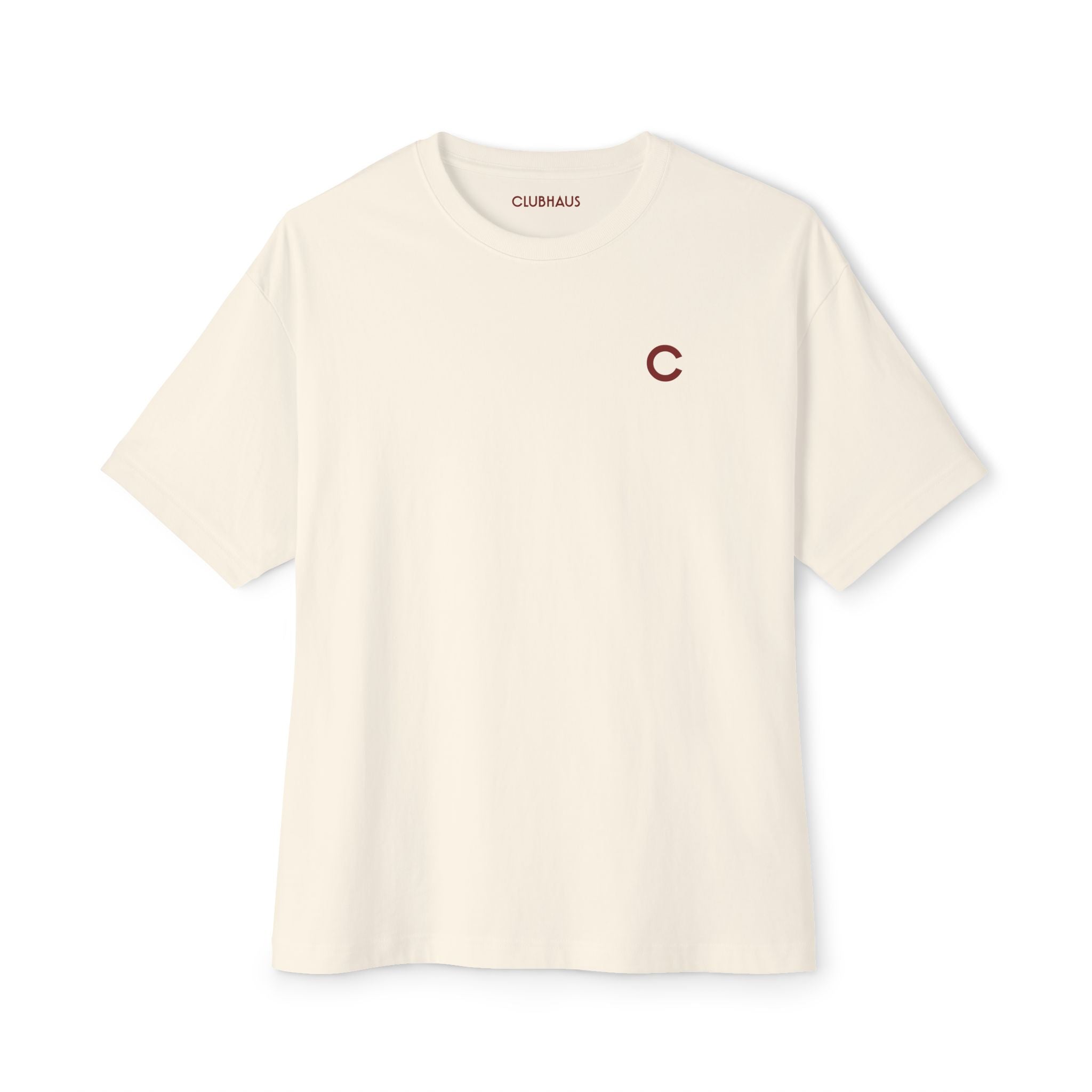 Beige t-shirt with a small red logo on a white background