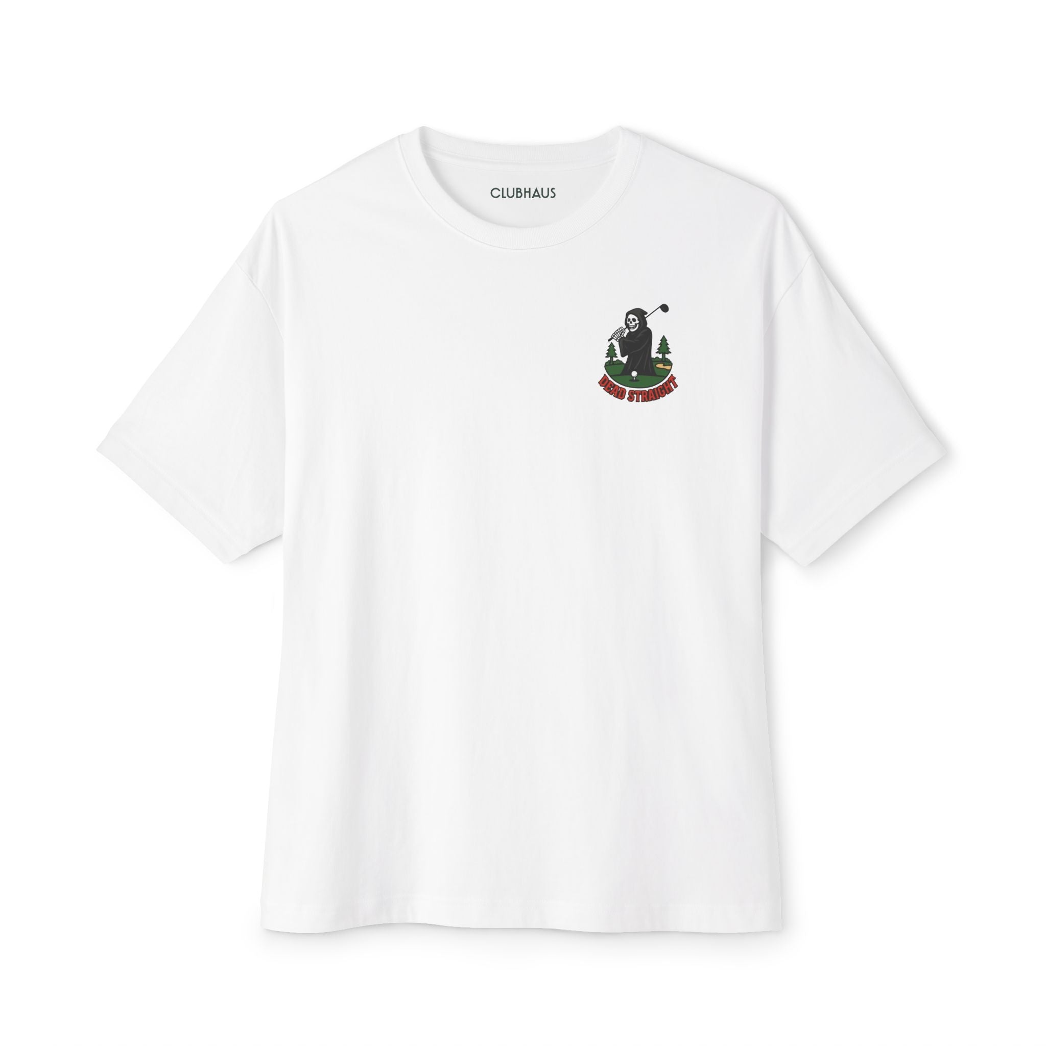 White t-shirt with a graphic design on a white background