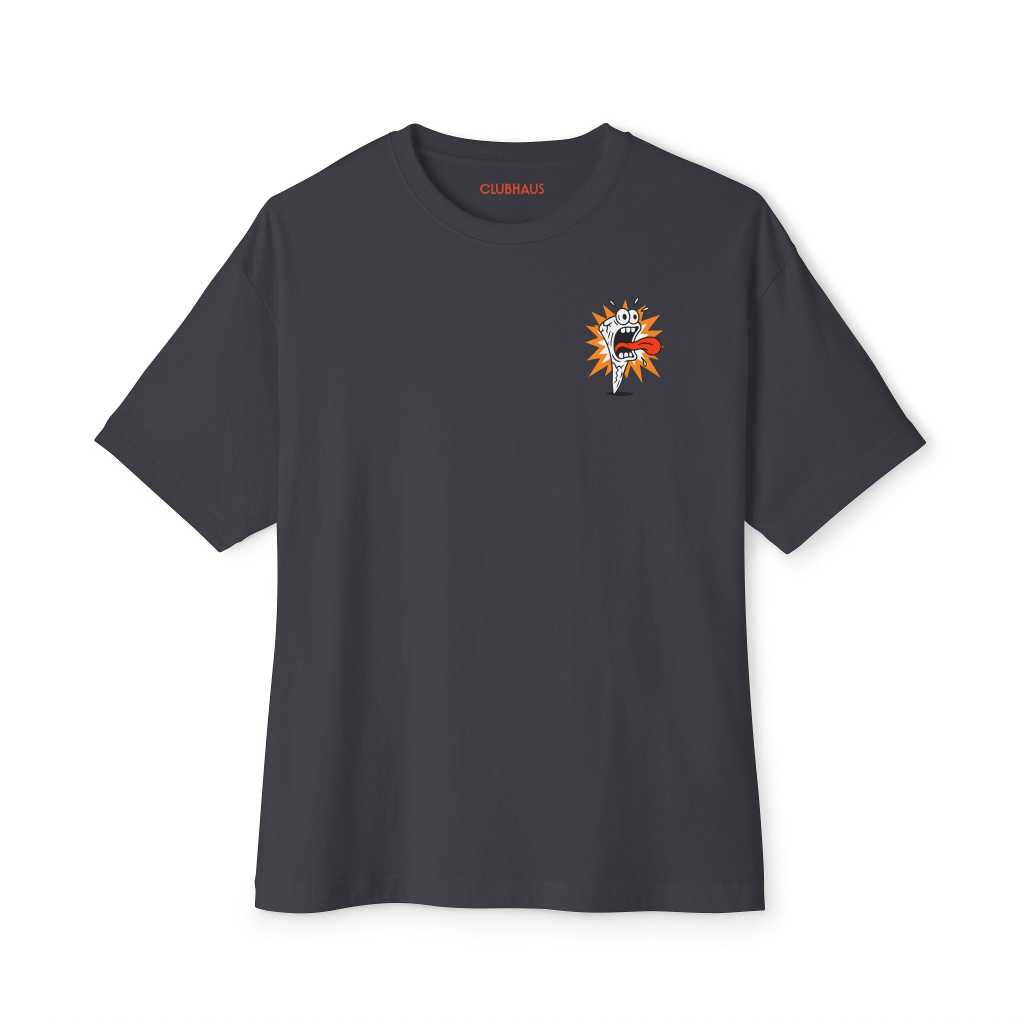 Black t-shirt with a graphic design on a white background