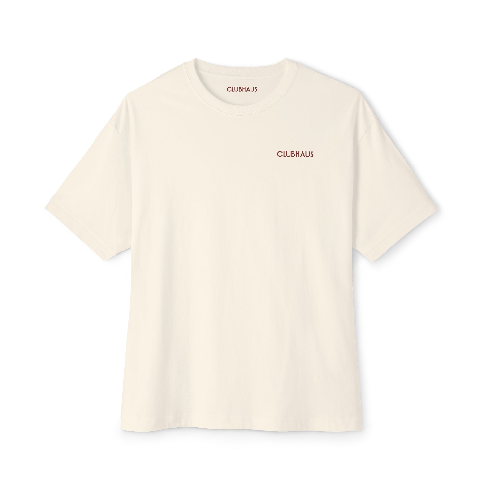 Beige t-shirt with 'CLUBHAUS' logo on a white background