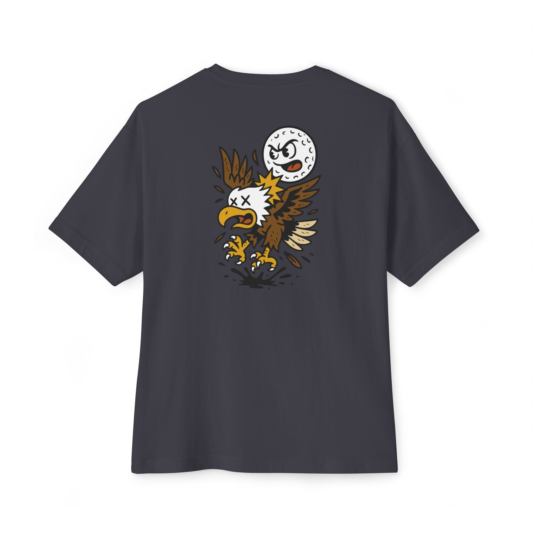 Black t-shirt with a graphic design of an eagle and a moon on the back, on a white background.