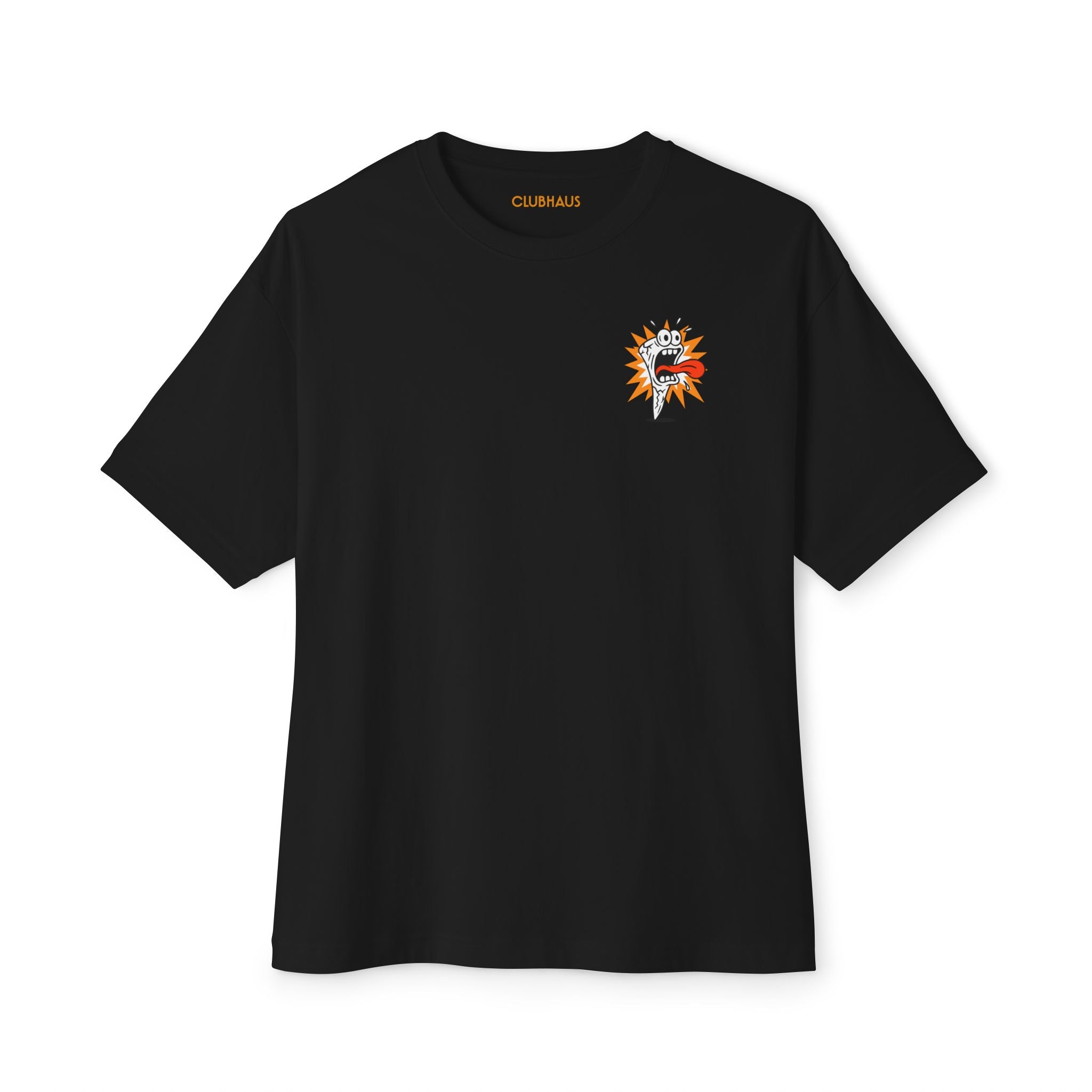 Black t-shirt with a small graphic on the chest against a white background