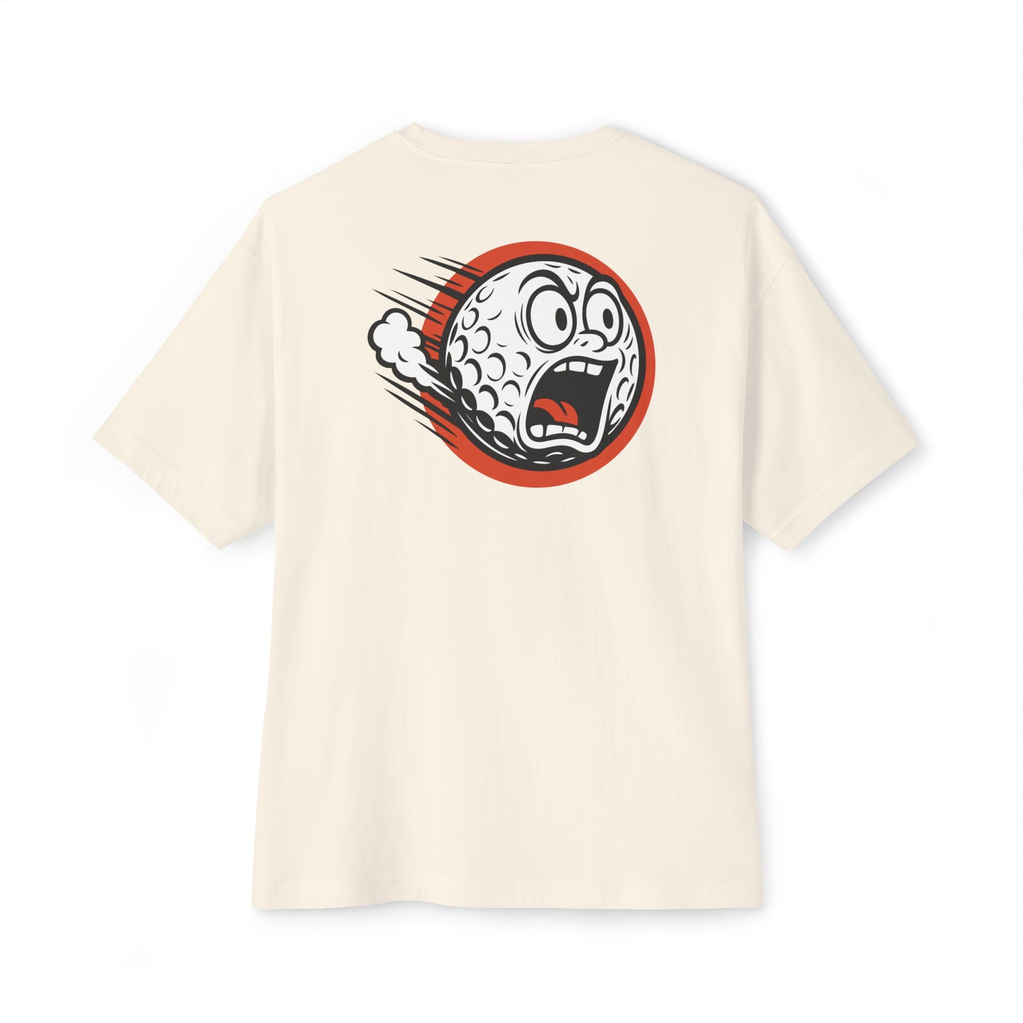 Beige t-shirt with a graphic design of a ball with a face on a white background