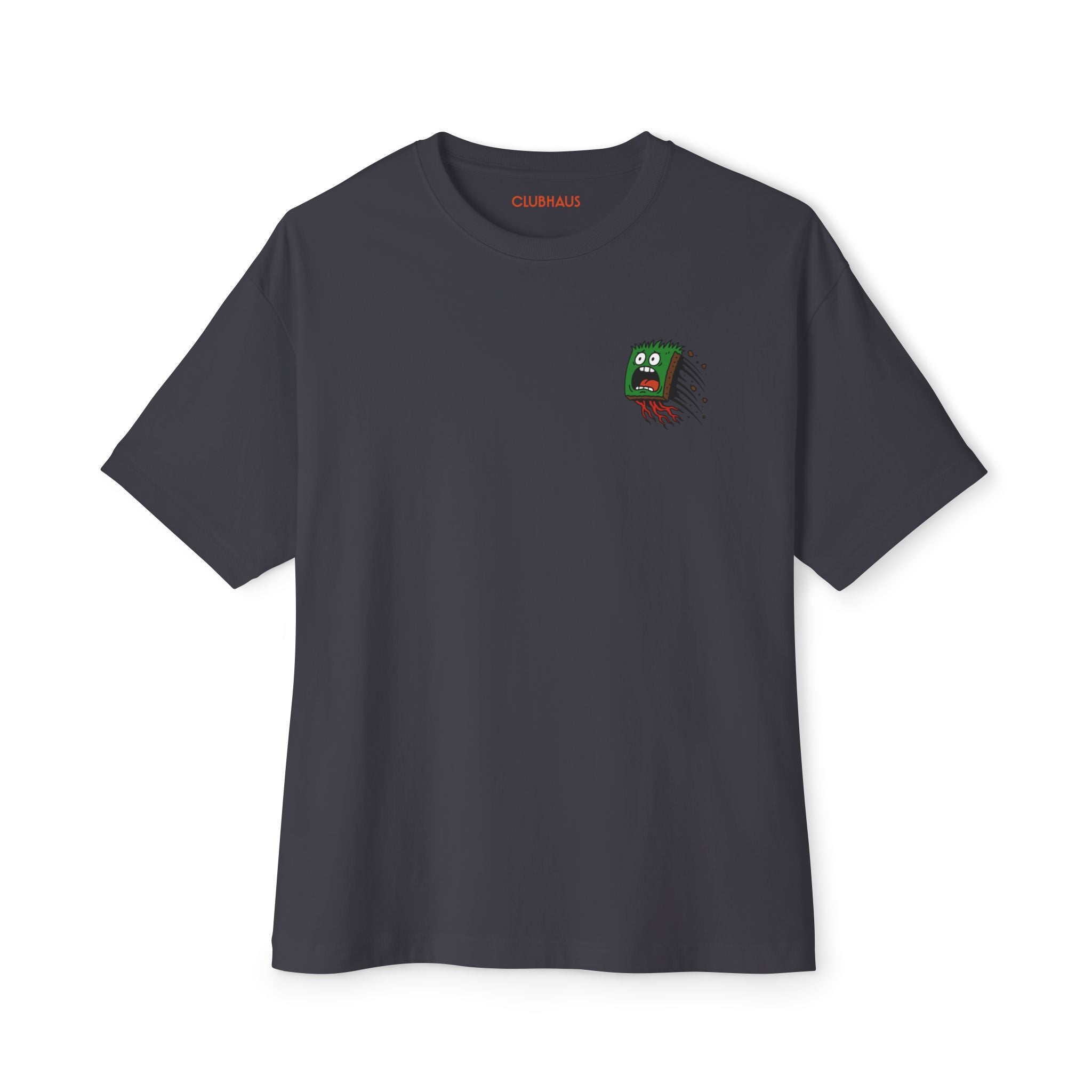 Dark gray t-shirt with a small graphic on the chest against a white background